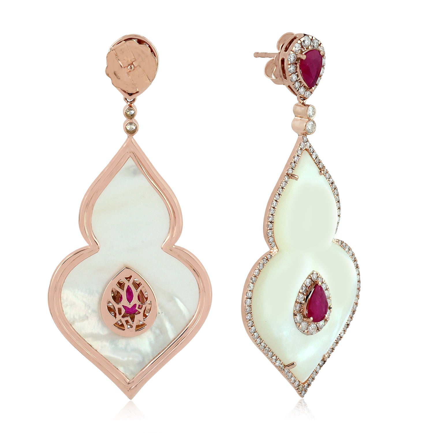 18K Rose Gold Fancy Mother of Pearl Pear Ruby Prong Diamond Wedding Dangle Earrings for Women - Perfect for Bridal Jewelry, Anniversary Gifts & Special Occasions
