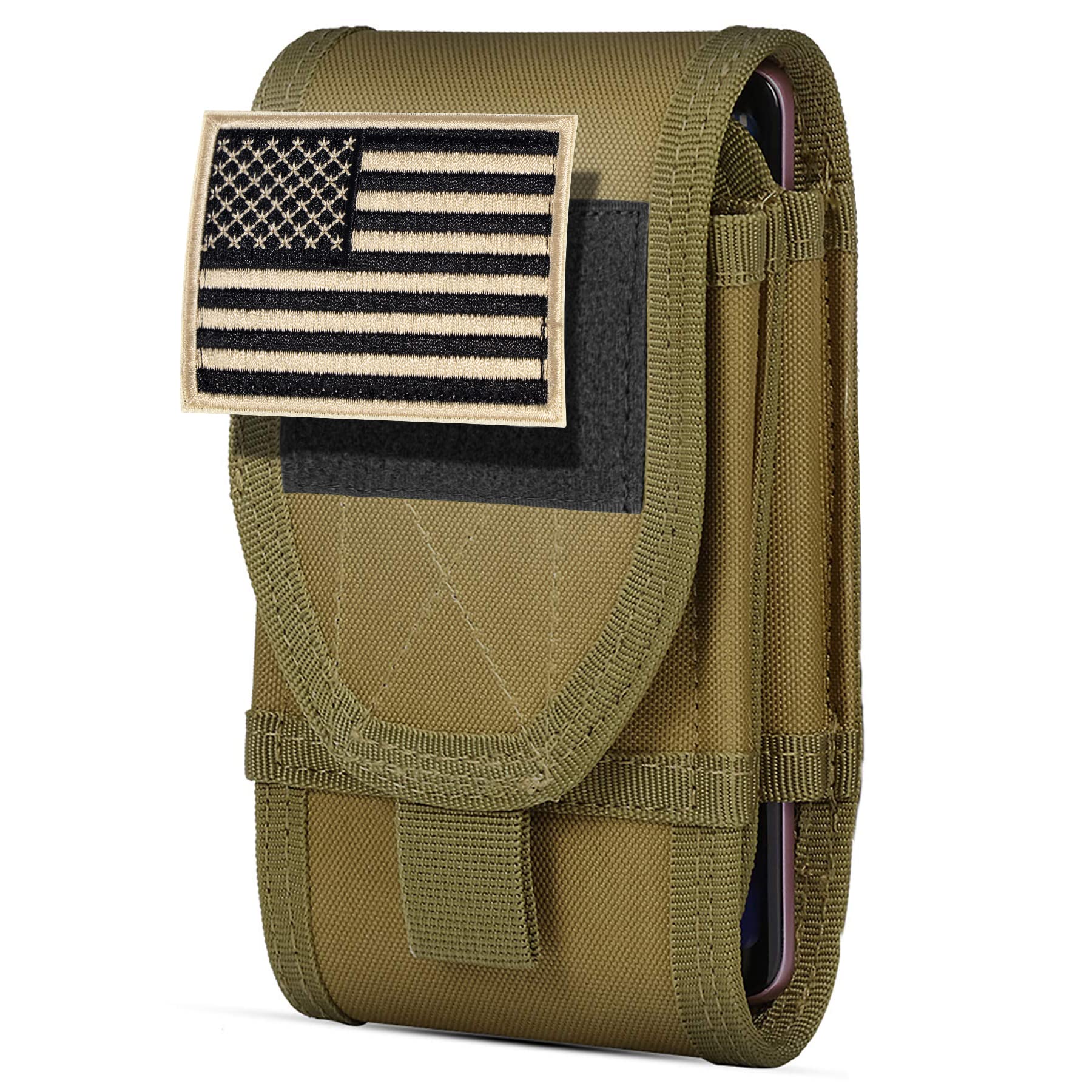 Tactical Molle Belt Pouch with Flag Patch - Double Capacity Phone Holster for iPhone 16 Pro Max/16 Pro/15 Pro Max/14 Pro Max/13 Pro Max/12 Pro Max/11 Pro Max & Samsung S24 - Large Size with Extra Stiffness - Perfect for Outdoor Activities, Hiking, Camping and Military Use