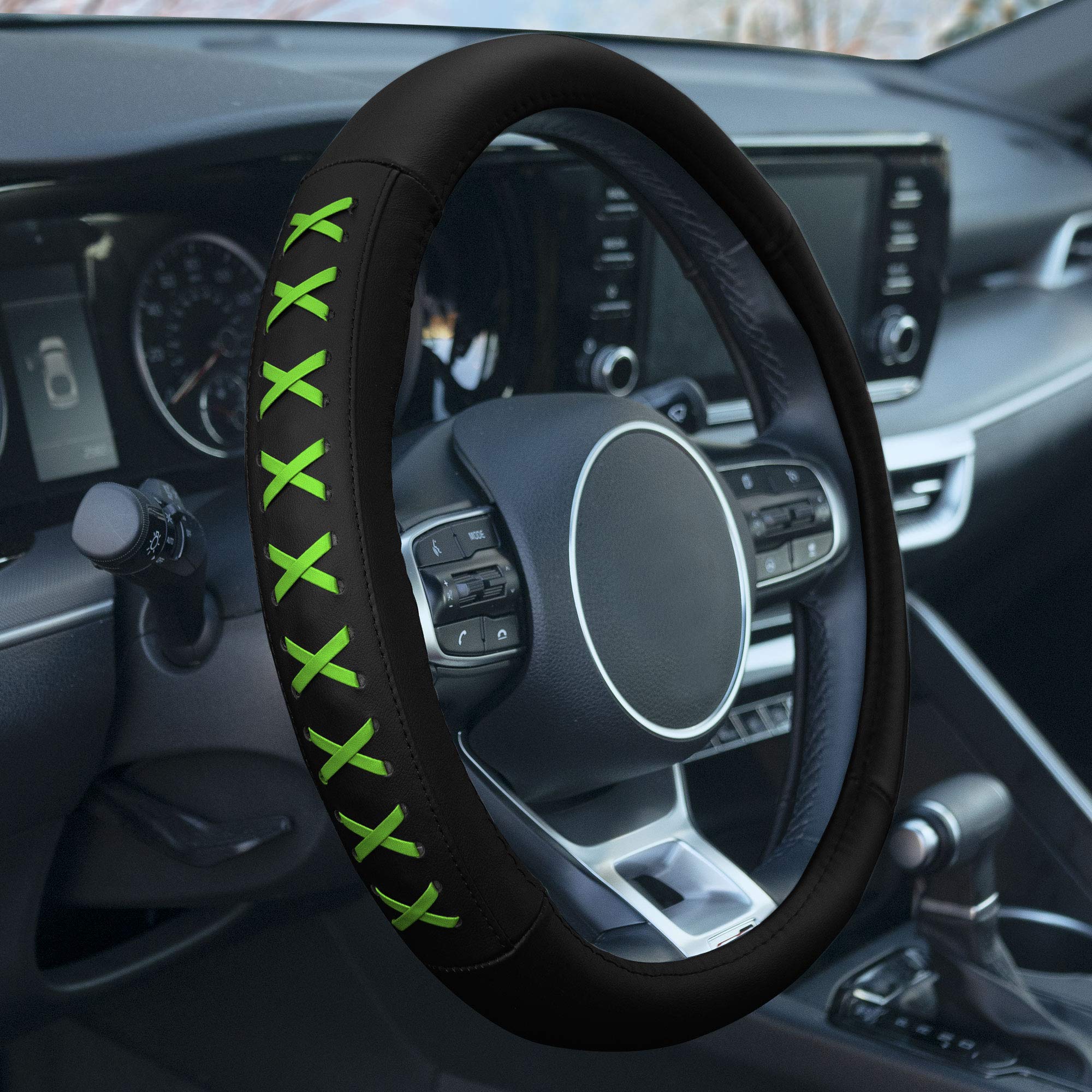 TLH Universal 15 Inch Genuine Leather Steering Wheel Cover - Green with Lace-Up Design | Non-Slip Grip for Cars, Trucks & SUVs | Perfect for Daily Commute & Road Trips