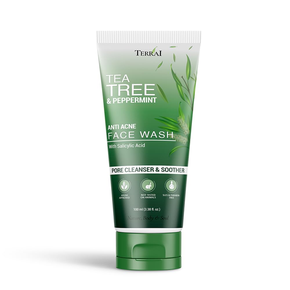 Terrai Tea Tree & Salicylic Acid Acne Face Wash - Oil Control, Blemish Treatment for Acne Prone Skin - Reduces Pimple Marks, Blackheads & Whiteheads - Gentle Cleanser for Men & Women (100ml) - Perfect for Daily Skincare Routine & Post-Workout Cleansing
