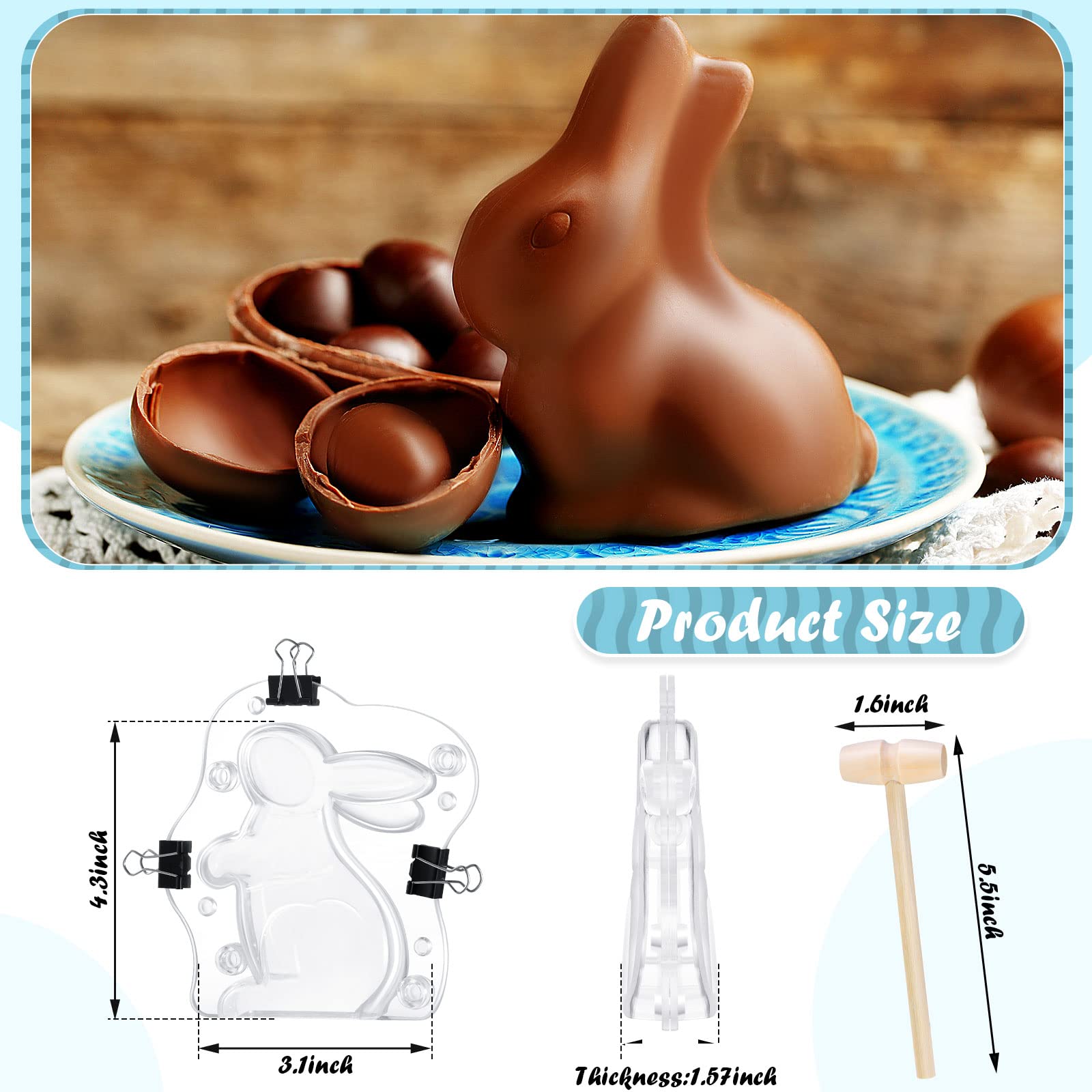 4 Pairs Large 3D Easter Egg Bunny Dinosaur Molds - Chocolate Cake Candy Cookie Fondant Decorating Tools with Wooden Hammer for Easter, Birthday Parties & DIY Dessert Making