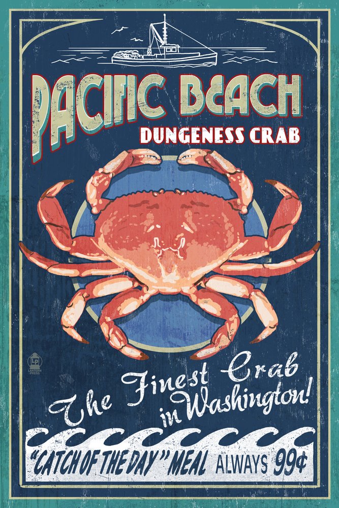 Pacific Beach Washington Dungeness Crab Vintage Travel Poster - 24x36 Giclee Gallery Print for Coastal Wall Decor | Perfect for Beach House, Seafood Restaurant & Nautical Theme Rooms