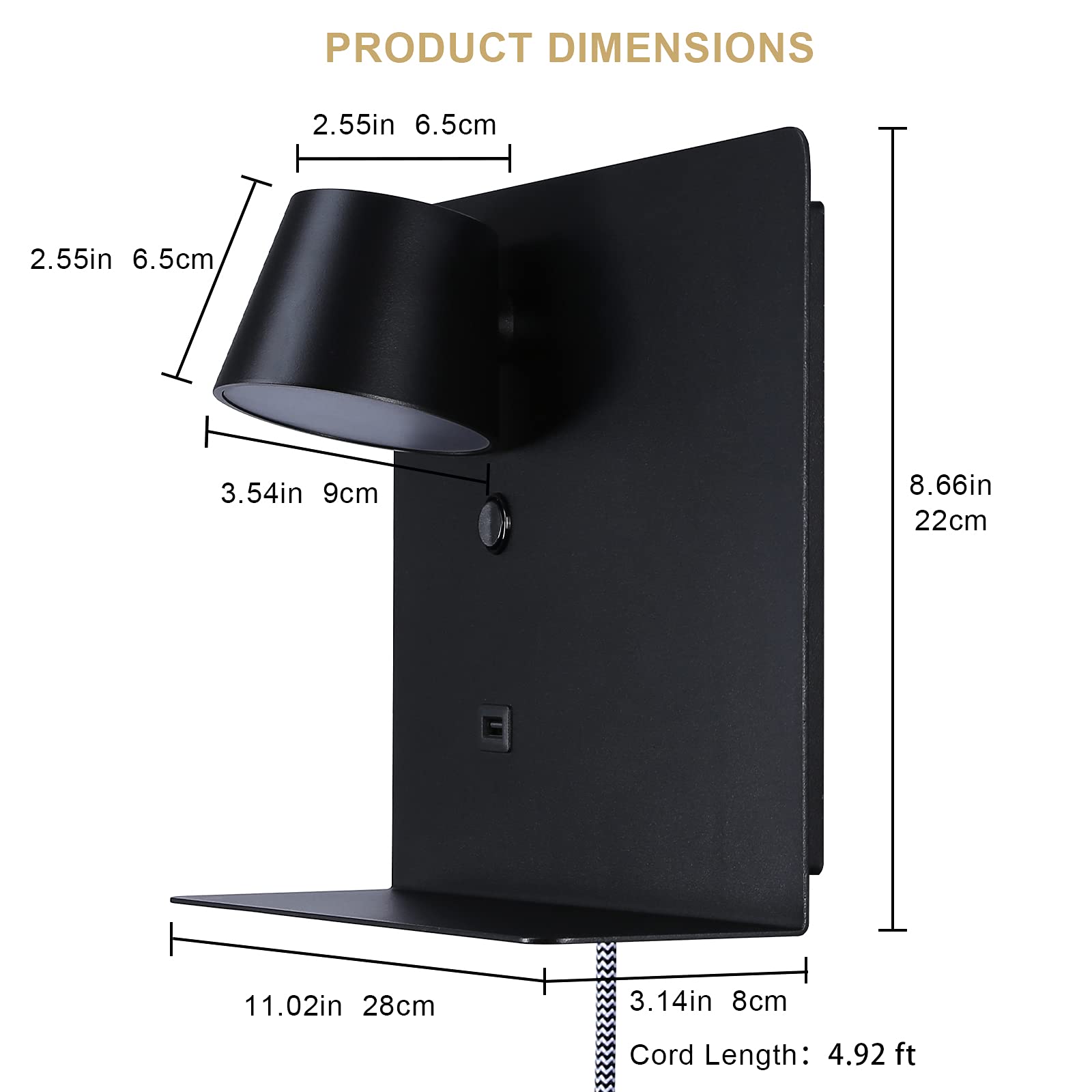 USB Wall Sconce with Shelf - LED Reading Light for Bedroom & Living Room - Black 11
