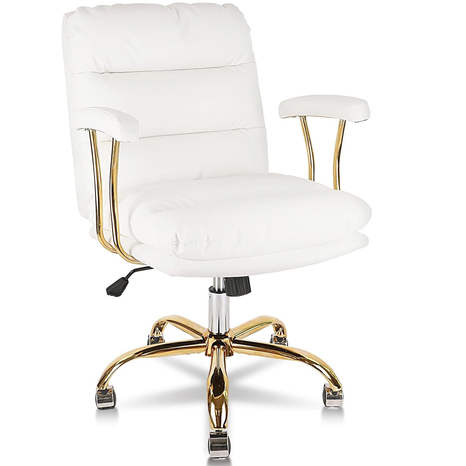 Ergonomic Office Desk Chair with Wheels & Adjustable Arms - Faux Leather Computer Chair for Home, Bedroom & Office - White Chair with Gold Casters (300lb Weight Capacity) - Perfect for Long Work Hours, Gaming & Study Sessions