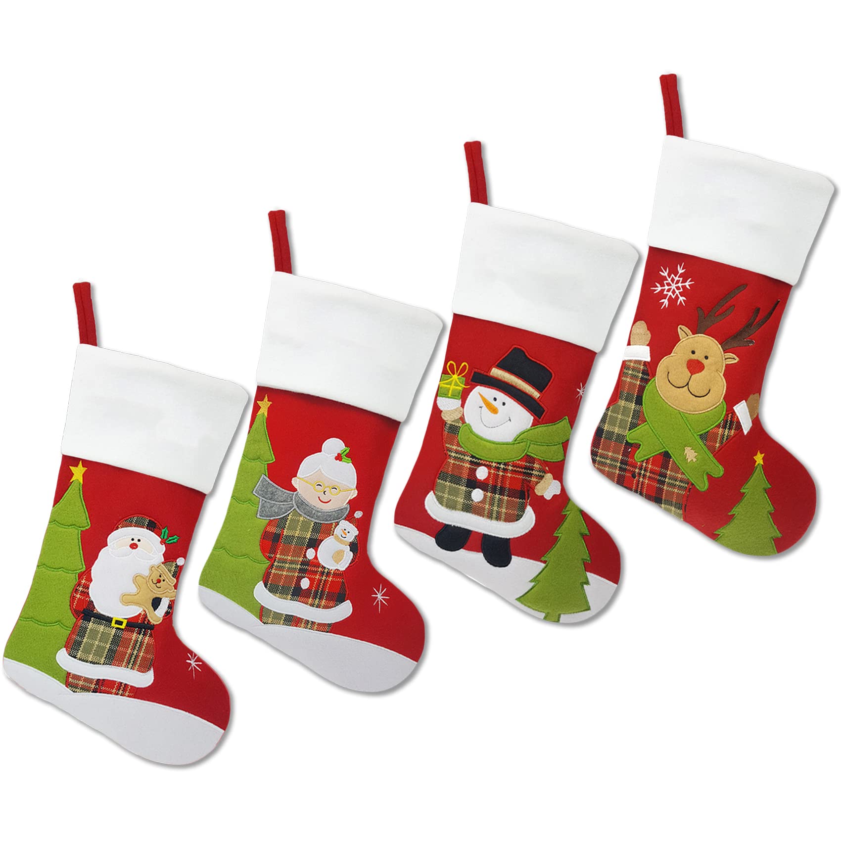 Set of 4 Personalized Christmas Stockings - 18 Inch Fleece Stockings with Embroidery Names for Family (Santa, Mrs. Claus, Snowman, Reindeer Designs) - Perfect for Holiday Decor, Fireplace Mantel & Gift Giving