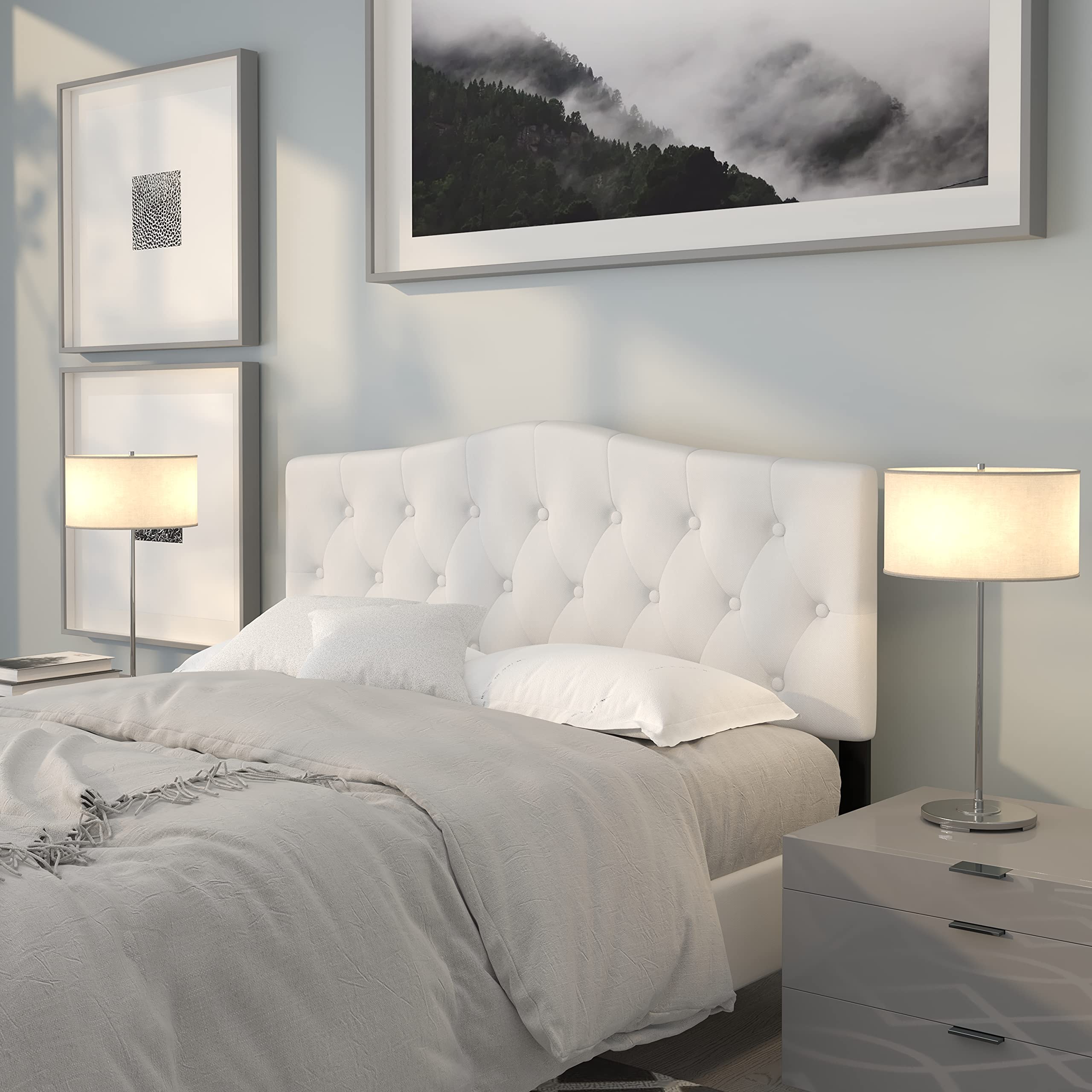 EMMA + OLIVER Tufted Upholstered Queen Size Headboard - White Fabric Bed Frame Headboard for Master Bedroom, Guest Room & Home Decor