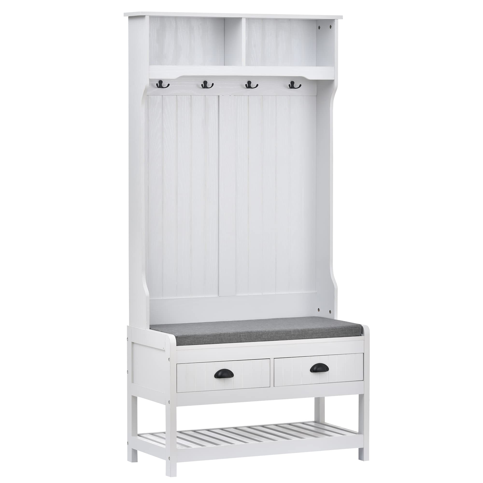 Henf Wooden Hall Tree with Storage Bench - Entryway Organizer with Coat Racks, 4 Hooks, Shoe Storage & 2 Drawers - Perfect for Entrance, Hallway or Mudroom Organization (White)