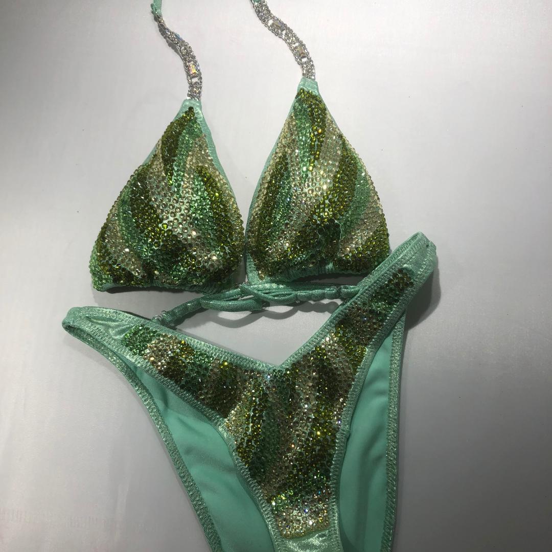 Mint Green Competition Bikini Physique Suit - Crystal Layered Design for Figure Shows & Bodybuilding | Perfect for Stage Performances & Fitness Contests
