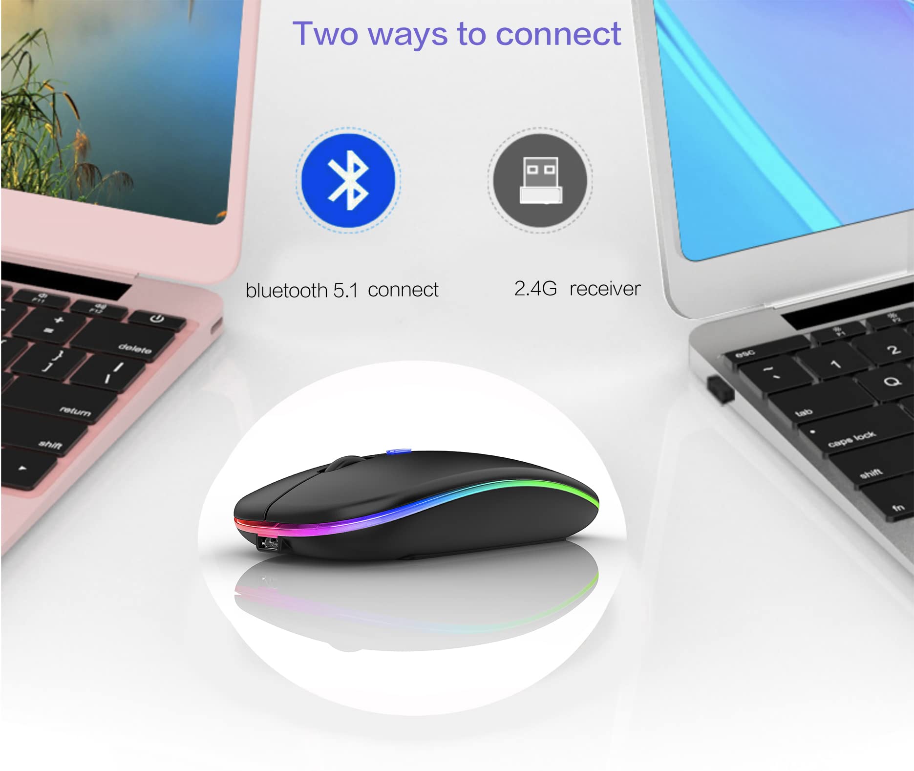Wireless Bluetooth Mouse for Laptop, MacBook, iPad, PC - Compatible with MacBook Air/Pro, Windows, Chromebook & Desktop Computers - Ergonomic Design with LED Light (Black) - Perfect for Office, Home & Travel Use