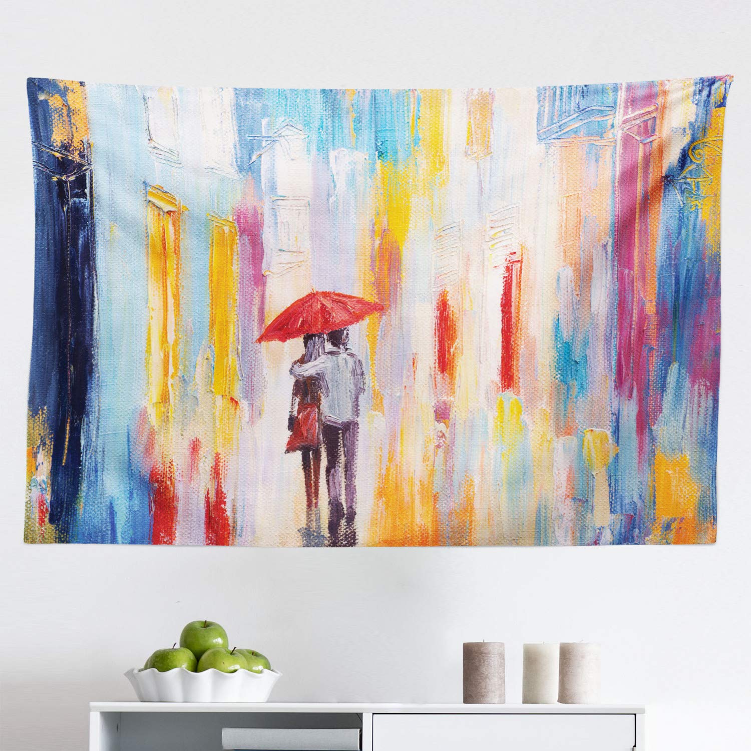 Ambesonne Urban Tapestry Wall Art - Romantic Rainy Day Couple Silhouette Cityscape Fabric Wall Hanging Decor for Bedroom, Living Room, Dorm - 45