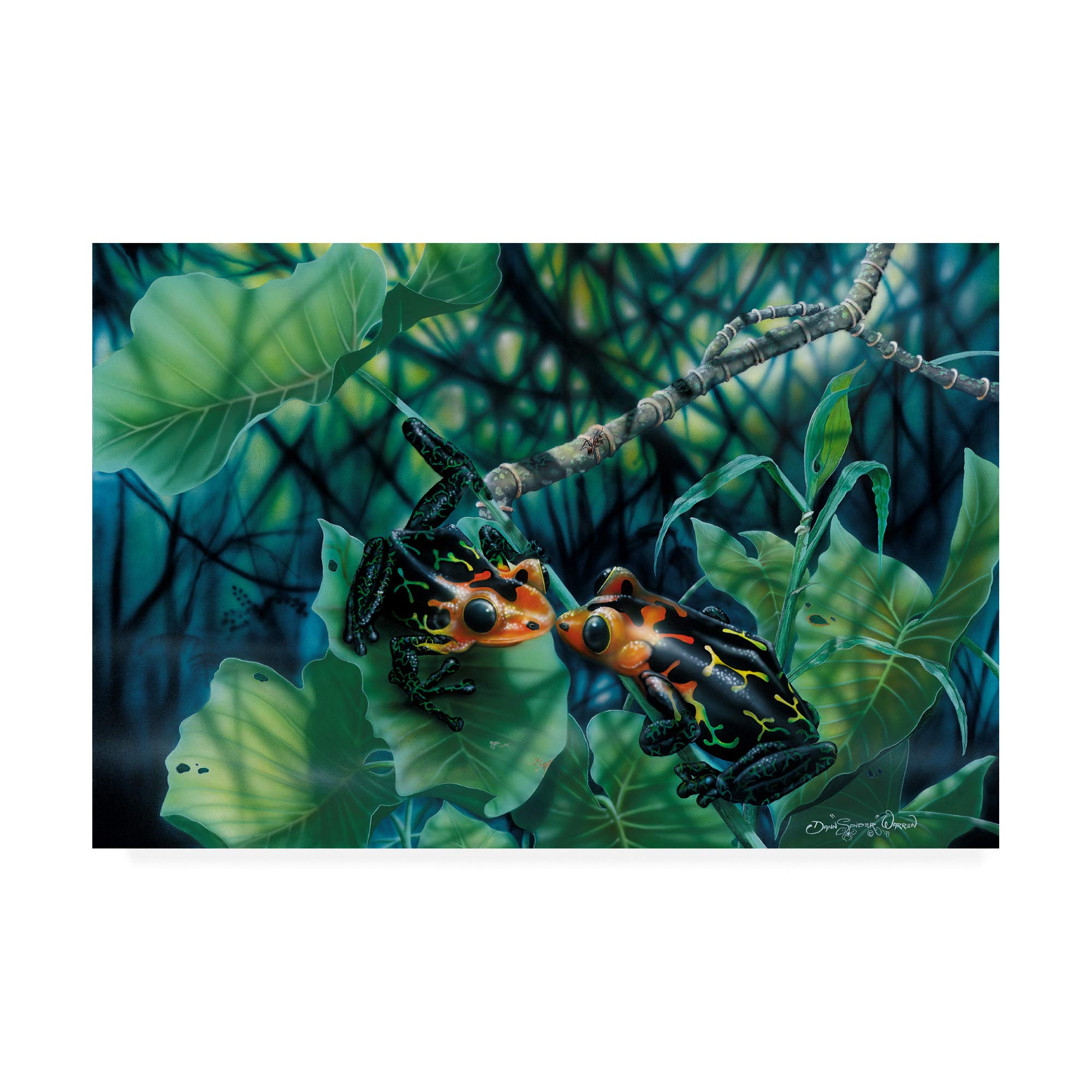 Trademark Fine Art First Kiss Frogs by Dann Spider Warren - 22x32 Inch Framed Canvas Wall Art - Perfect for Nursery, Kids Room Decor & Whimsical Home Décor