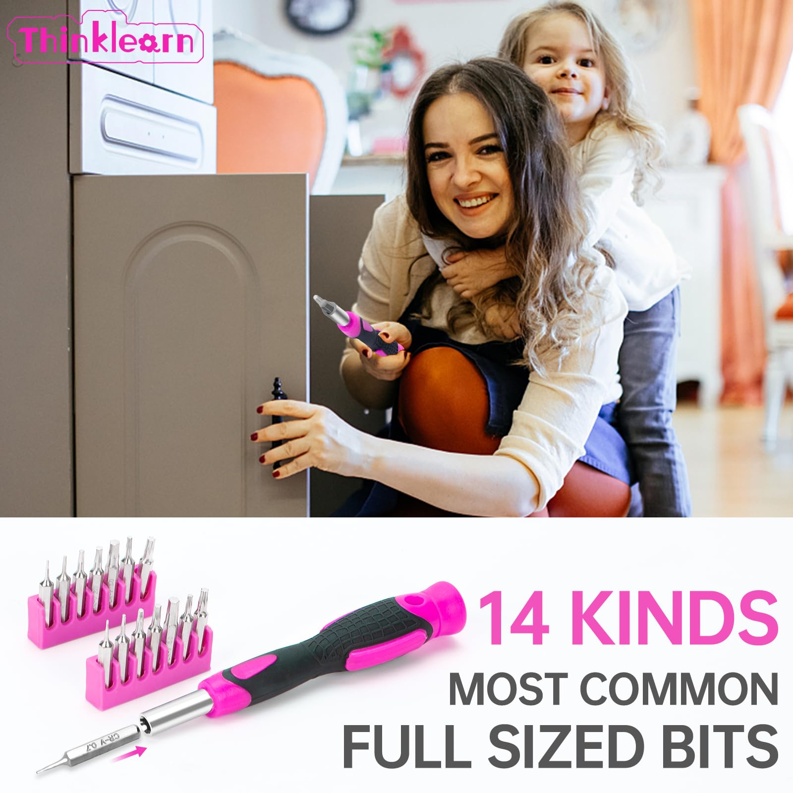64PCS Pink Tool Set with Cordless Drill - 8V Power Drill & Electric Screwdriver Kit for Women, 3/8