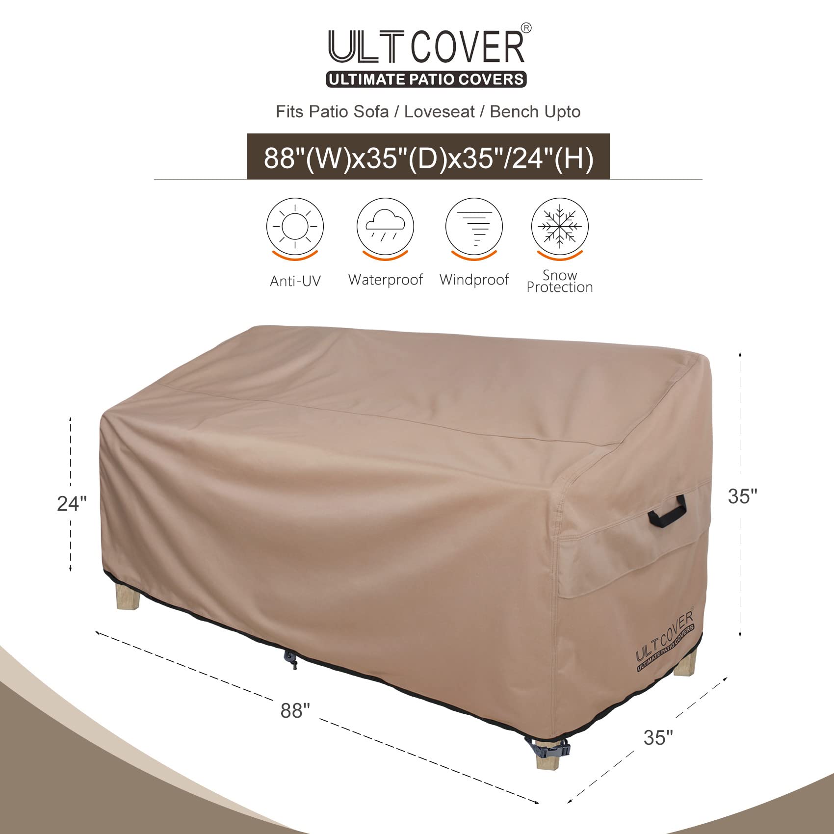 ULTCOVER Waterproof 3-Seater Patio Sofa Cover 88W x 35D x 35H Inch - Outdoor Furniture Protector for Rain, Sun & Snow - Perfect for Deck, Garden & Backyard Use