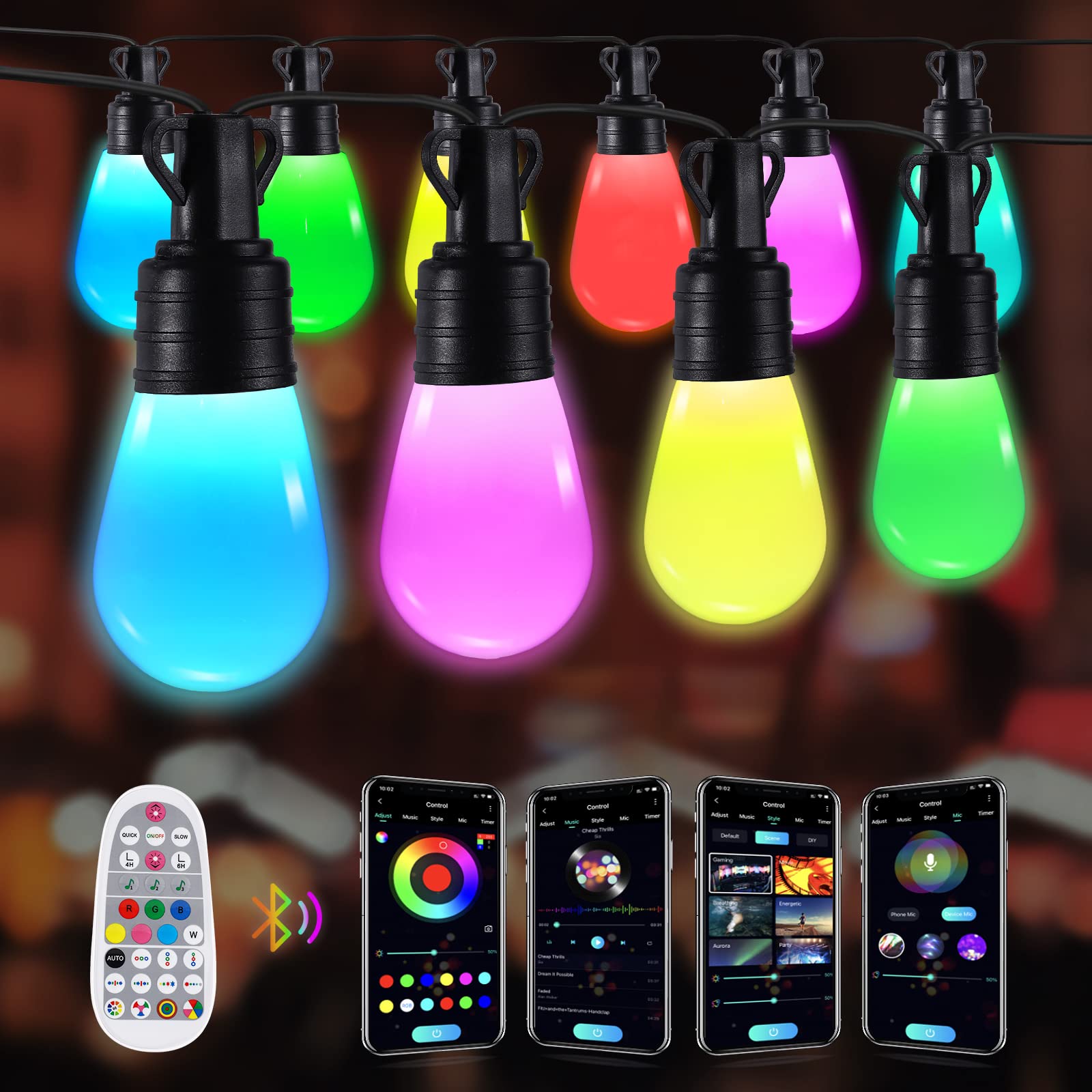 Smart Outdoor String Lights - 15 Dimmable RGB LED Bulbs, 37ft Color Changing Waterproof S14 Shatterproof Patio Lights with App & Remote Control - Perfect for Porch, Backyard, Cafe, Gazebo, and Garden Lighting Decor