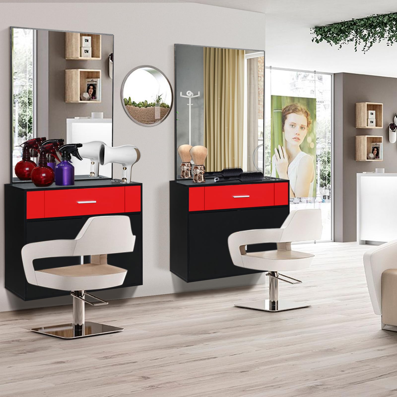 Professional Wall Mount Barber Salon Station - Hair Styling Equipment Set with Mirror, 2 Hair Dryer Holders, Drawer & Door - Beauty Spa Furniture for Barbershops & Salons (Red) - Perfect for Small Spaces & Home Use