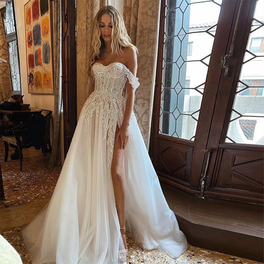Sevintage Boho Wedding Dress with Crystal Beading & Lace Appliques - Off Shoulder A-Line Bridal Gown for Beach, Garden & Vintage Theme Weddings