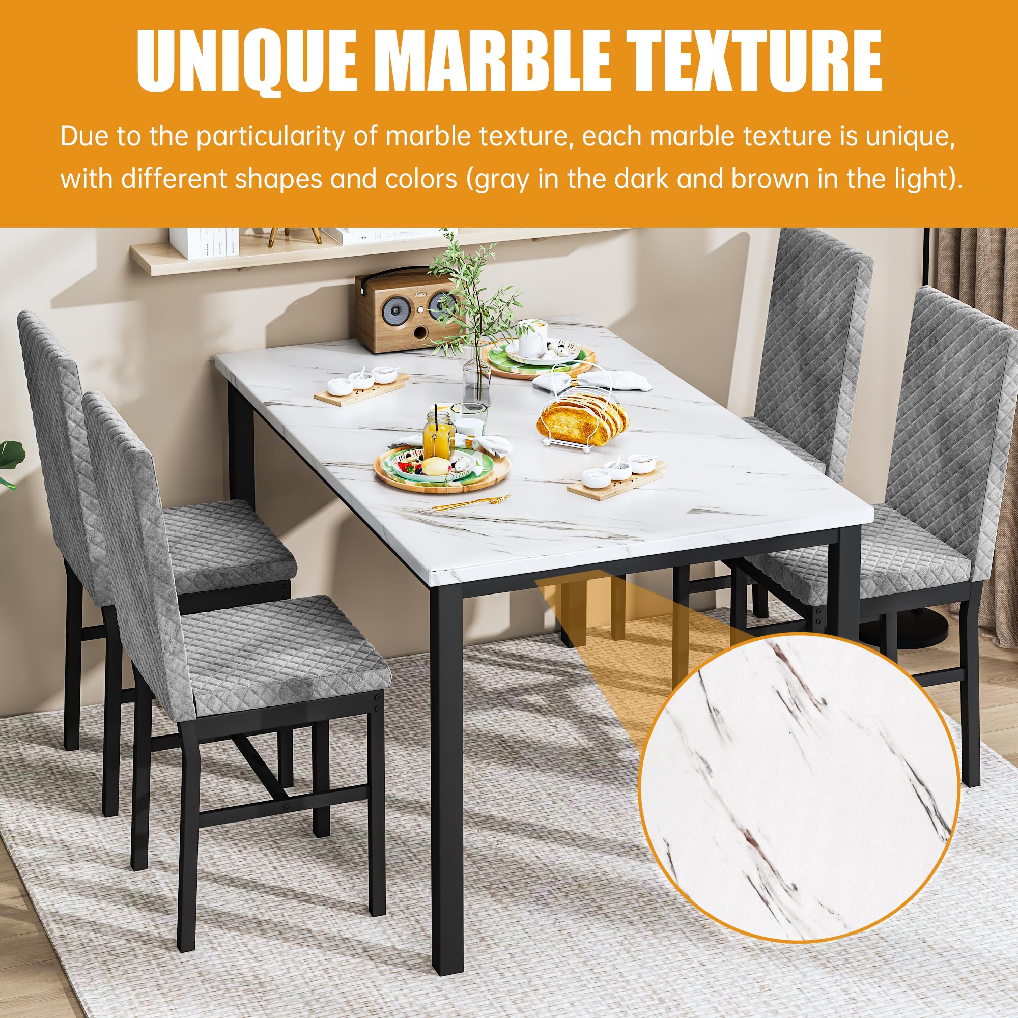 DKLGG 4-Piece Dining Table Set with Faux Marble Top & Velvet Upholstered Chairs - Compact Kitchen Table and Chair Set for Small Spaces, Apartments, Homes (White & Grey) | Perfect for Breakfast Nooks, Studio Apartments & Cozy Dining Areas