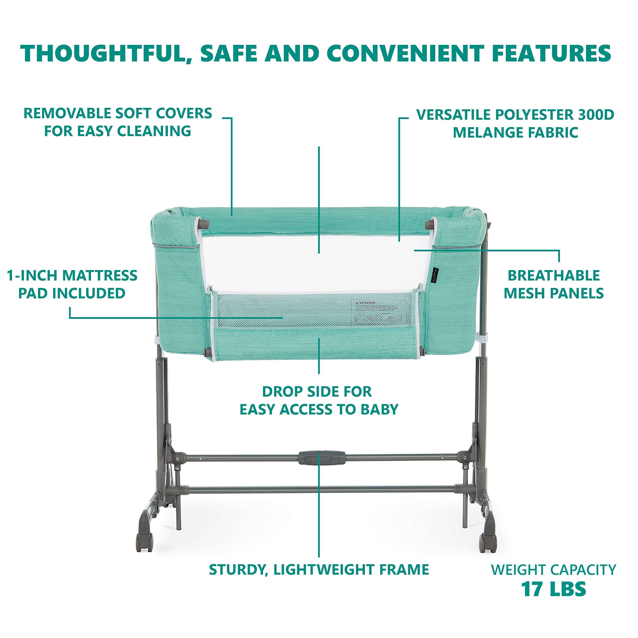 Dream On Me Zimal Bassinet & Bedside Sleeper - Lightweight Portable Baby Crib with Breathable Mesh Panels, Easy Fold Travel Bassinet (Mint Green) | JPMA Certified | Perfect for Nursery, Bedside Co-Sleeping & Travel