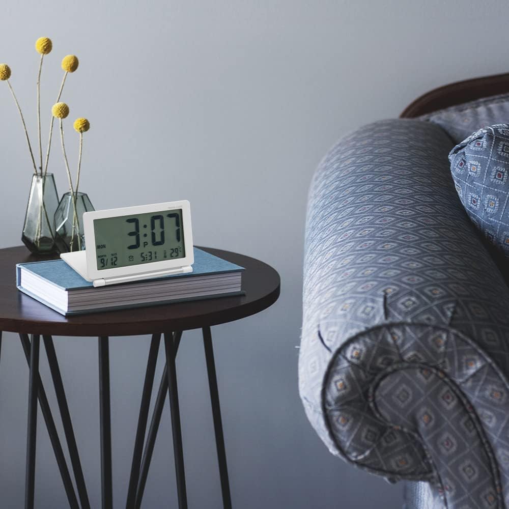 Digital Travel Alarm Clock with LCD Display, Foldable Calendar, Temperature Timer & Snooze Mode - Battery Operated Portable Desk Clock with Large Numbers (12/24H) - Perfect for Home, Office, Travel & Nightstand Use (White)