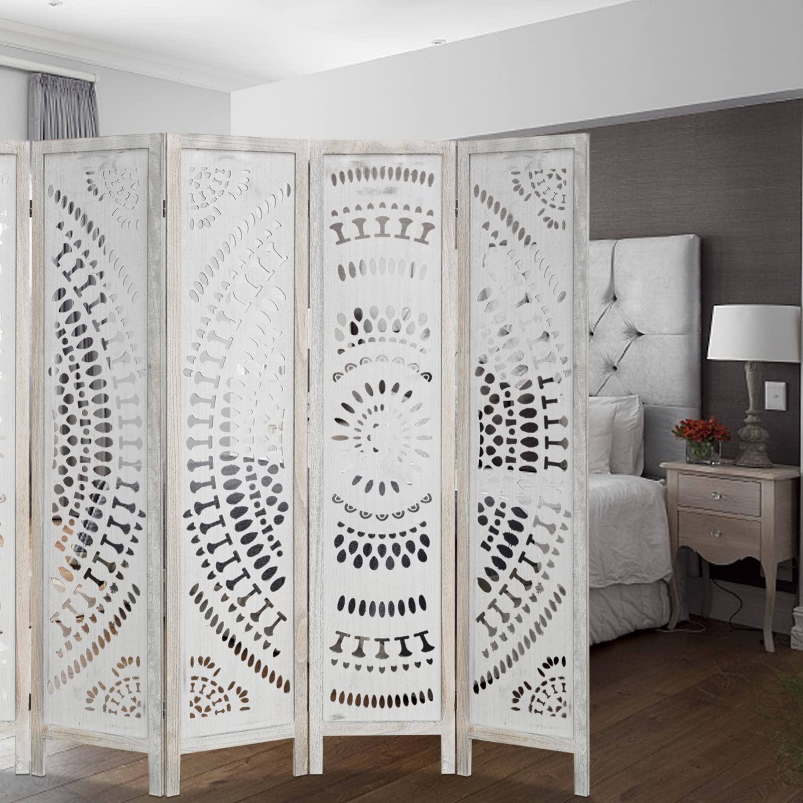 ECOMEX 6 Panel Folding Room Divider - Freestanding Privacy Screen with Carved Wood Design for Bedroom, Home Office, Apartment, Studio, Hotel, Restaurant, Garden & Terrace - Perfect for Creating Private Spaces & Room Partition (White)
