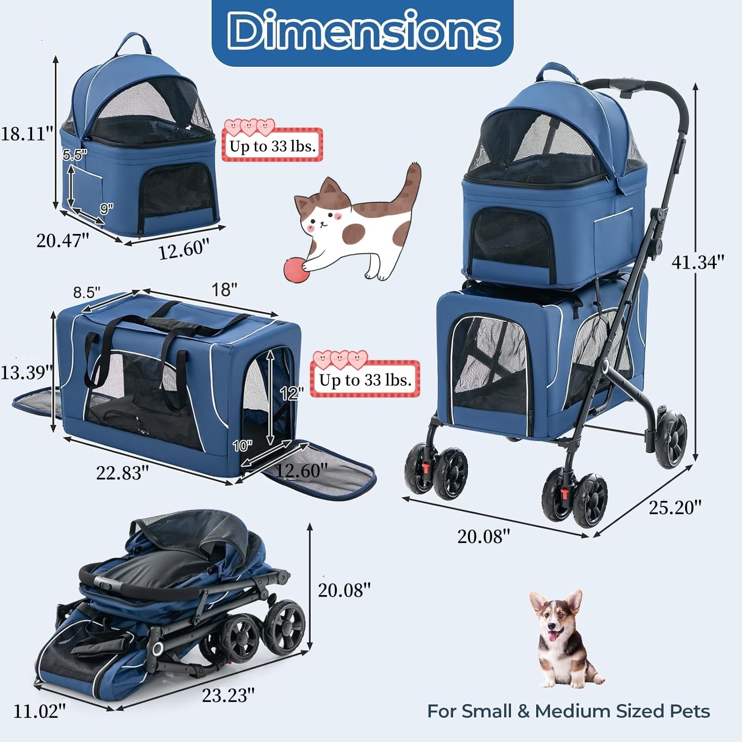 Premium 3-in-1 Double Dog Stroller with 2 Detachable Carriers | Safety Belt, Washable Cover & Removable Pads | 4-Wheel Design for Small & Medium Dogs | Perfect for Walking, Shopping & Vet Visits (Blue)