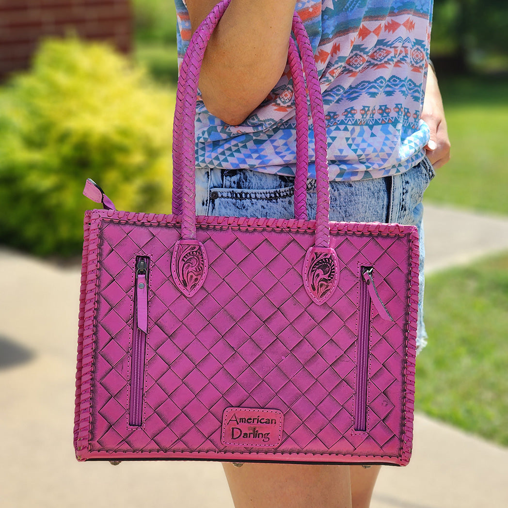 American Darling Fully Tooled Pink Leather Tote Bag for Women - Stylish Handbag for Work, Travel & Everyday Use