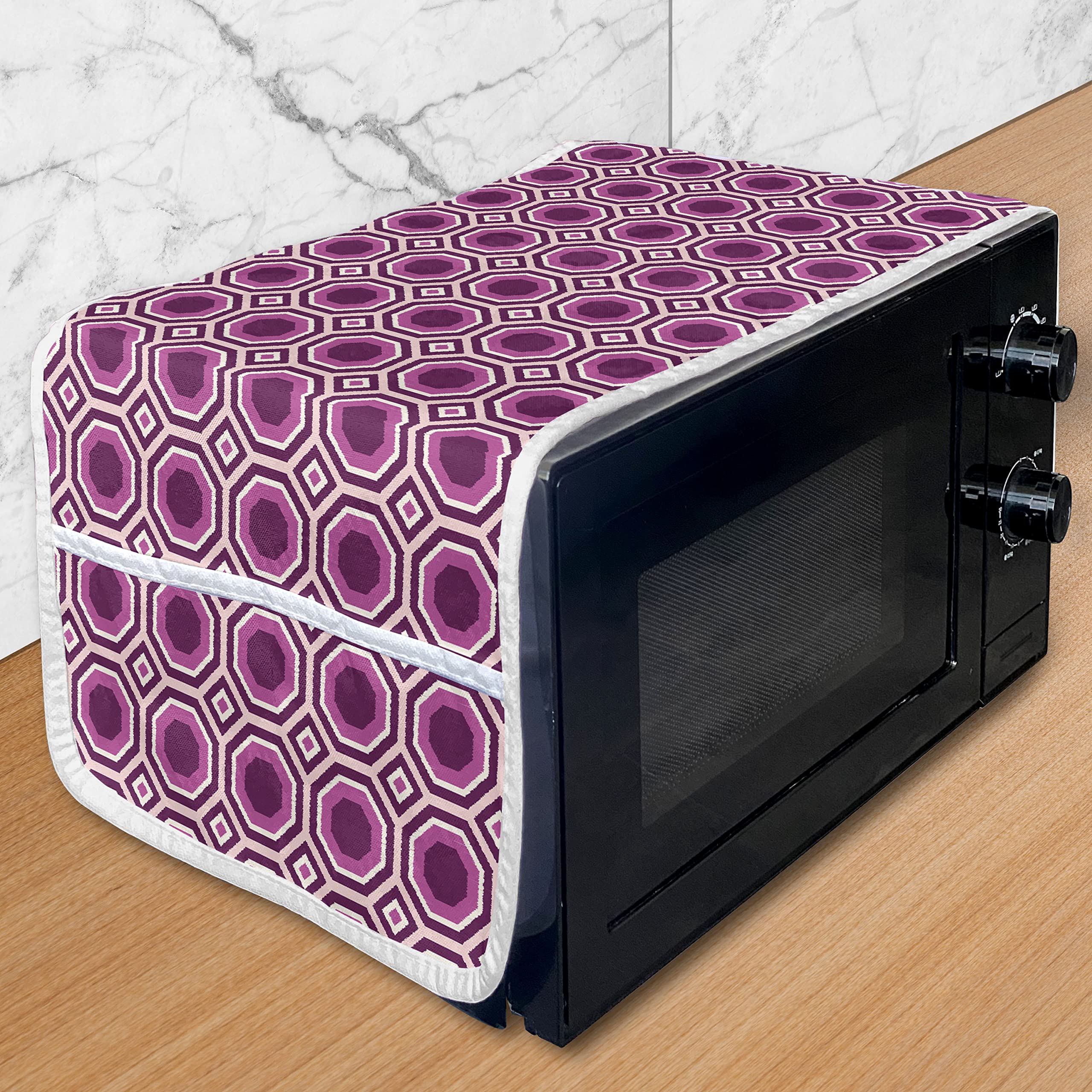 Ambesonne Retro Microwave Oven Cover - Vintage Geometric Hexagon Pattern in Plum Rose & Fuchsia | Waterproof Kitchen Organizer with Pockets | 36