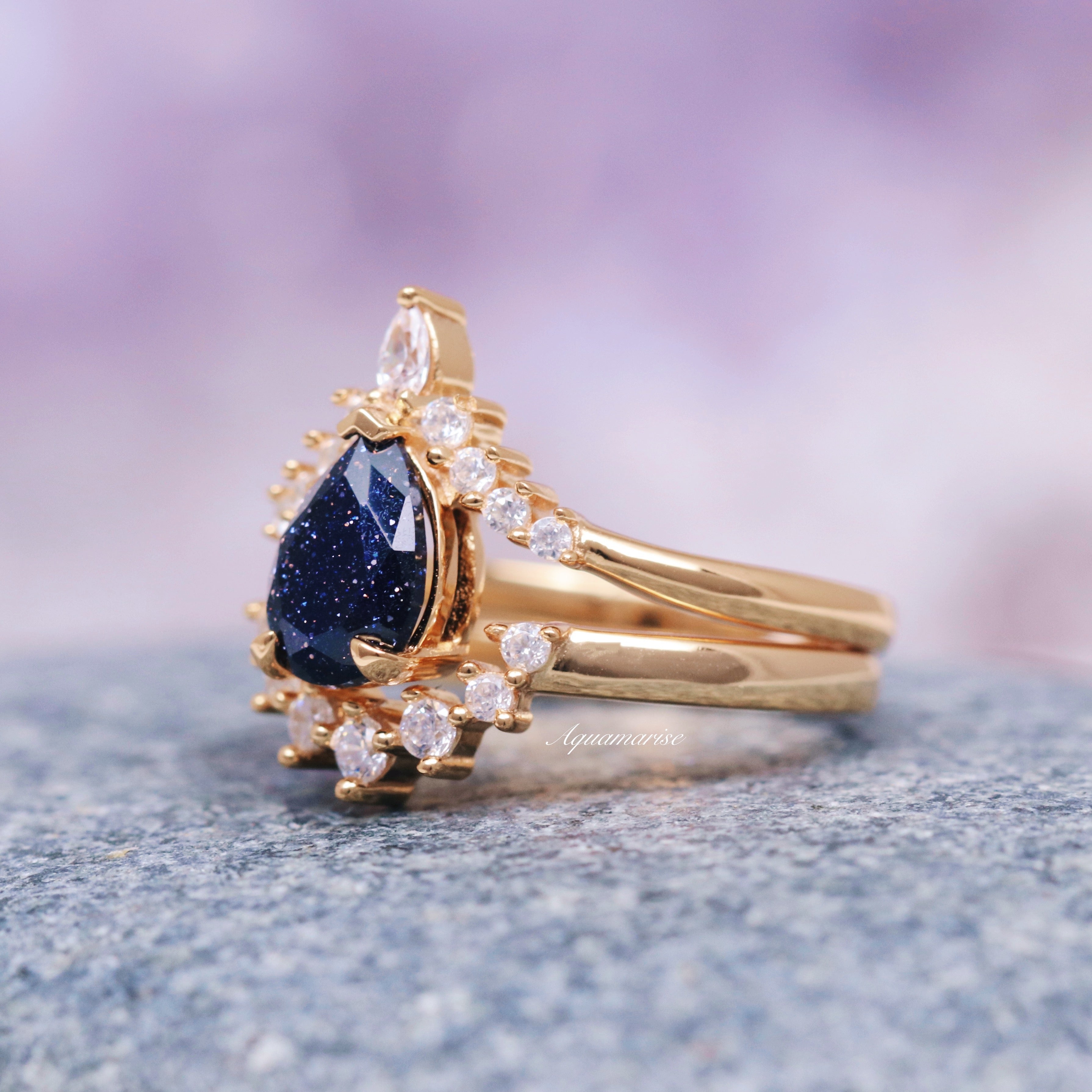 Starry Night Engagement Ring Set - 14K Solid Yellow Gold Wedding Band for Women, Romantic Proposal Gift for Her, Perfect for Anniversaries & Special Occasions