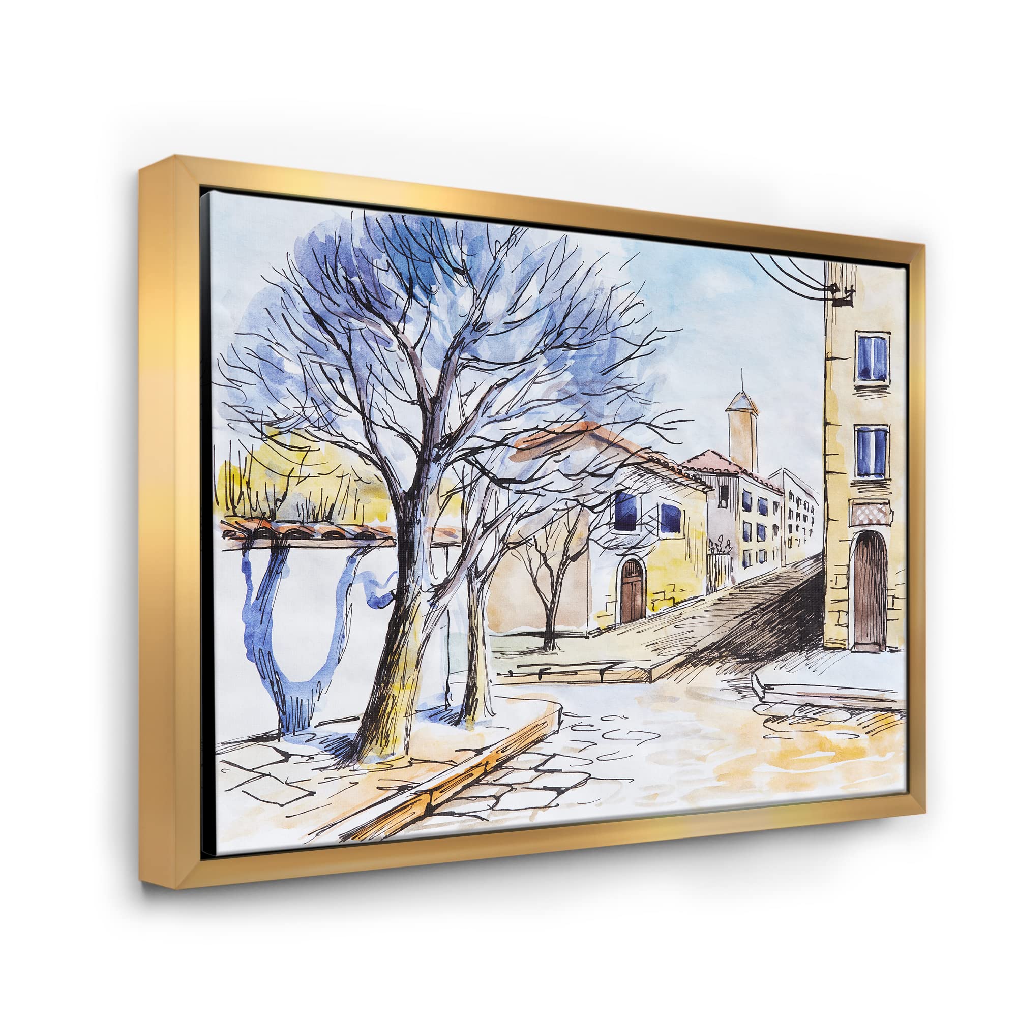 DesignQ White House in Summer Village - Traditional Framed Canvas Wall Art Print for Living Room, Bedroom & Office Decor | Home & Wall Decoration