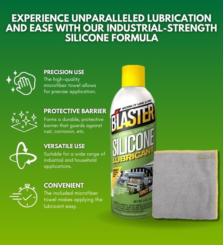 Blaster 11 oz Silicone Lubricant Spray with Microfiber Cloth - Long-Lasting Lubrication for Metal Parts, Cables, Chains, Window Tracks & Rubber Seals - 2-Pack Bundle - Perfect for Automotive Maintenance, Home Repair & Industrial Equipment Care