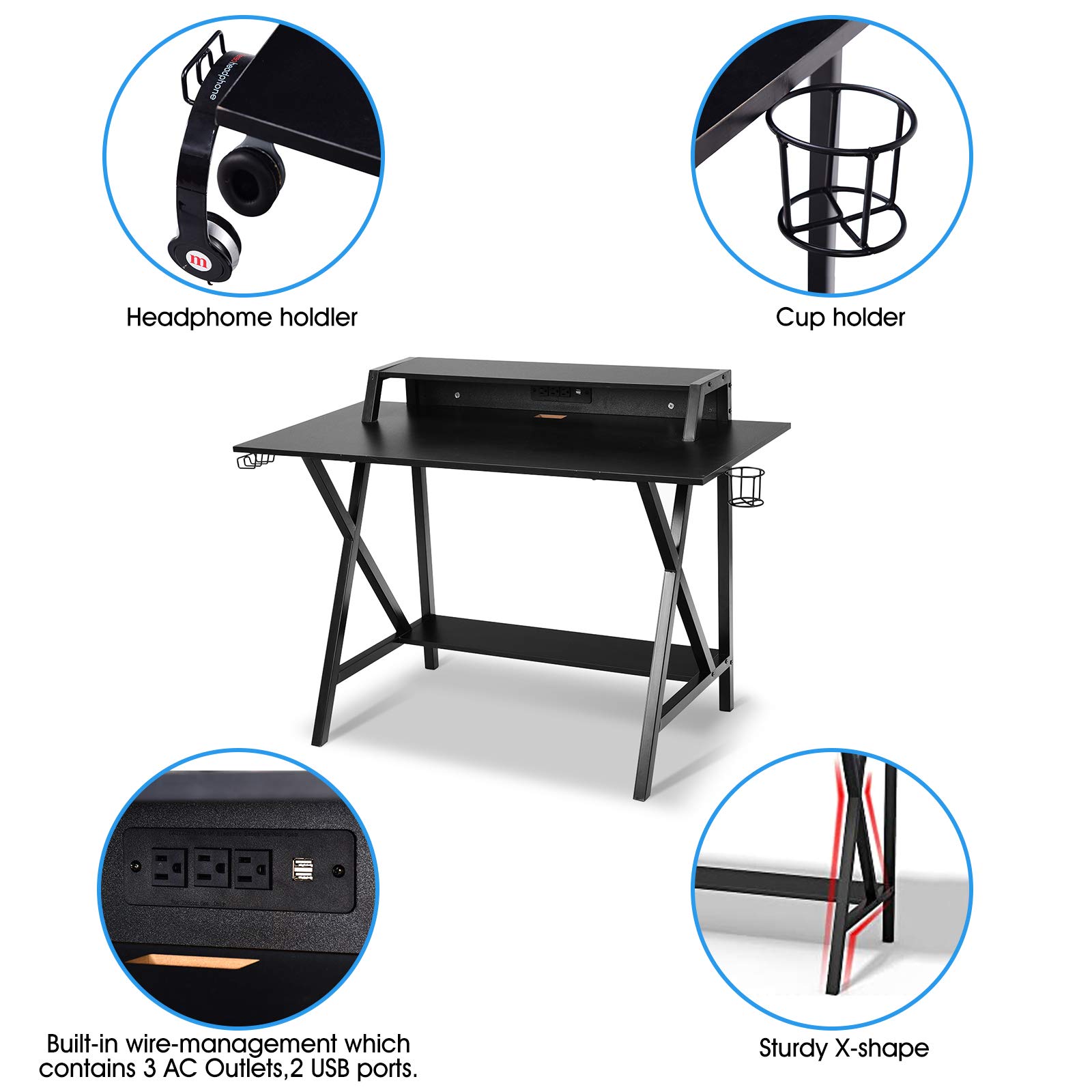 48-inch WATERJOY Gaming Desk - Ergonomic E-Sports Workstation with Headset Hook, Cup Holder & Built-in Power Strip | Perfect for PC Gaming, Streaming & Home Office Setup (Black)