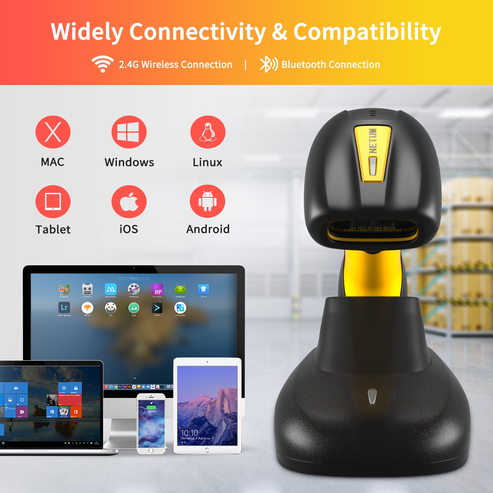 NT 1202W Wireless 2D Barcode Scanner - Industrial Grade Hands-Free Bluetooth Barcode Reader for Warehouse, Retail & Logistics Inventory Management