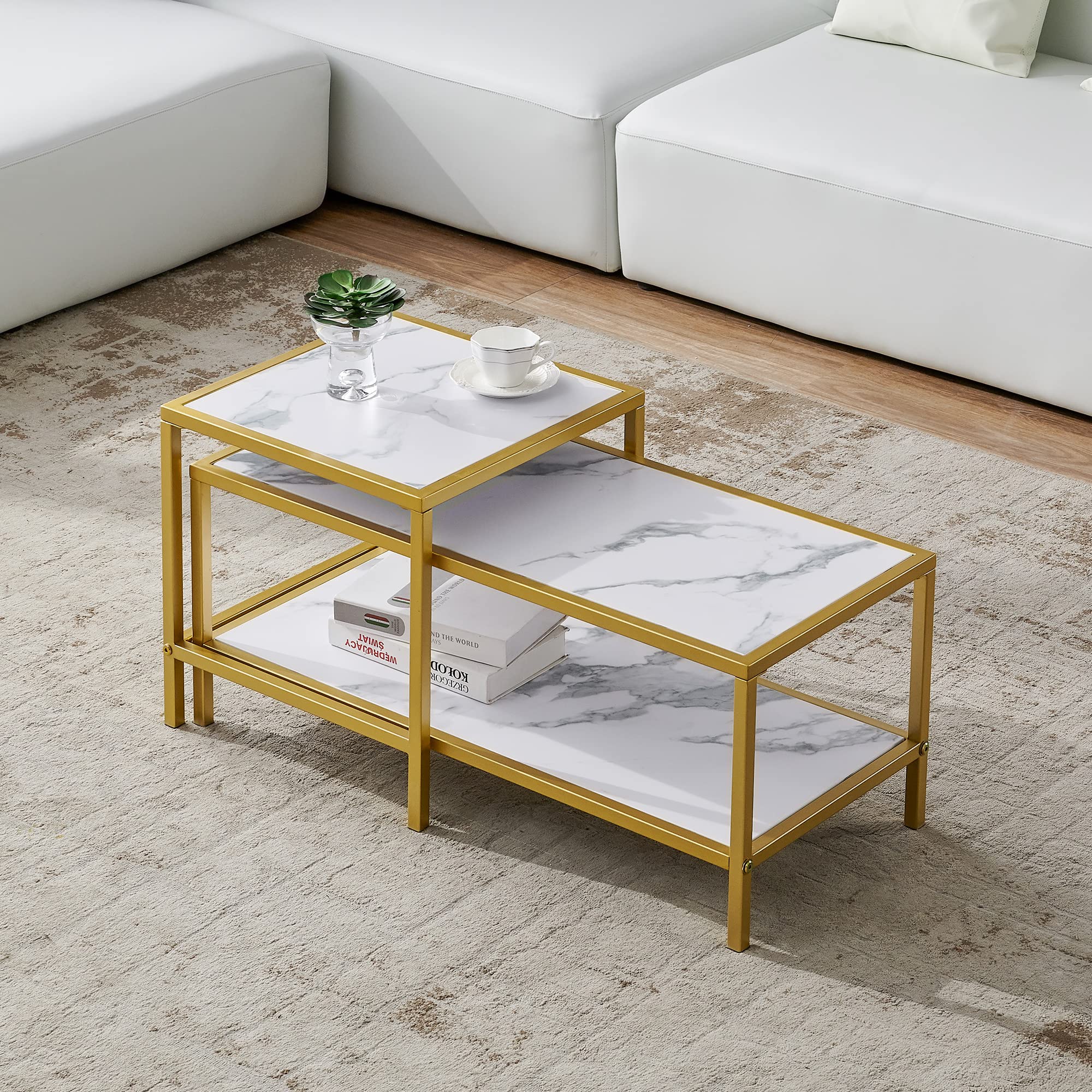 Modern Nesting Coffee Table Set of 2 - Square & Rectangle Metal Frame with Wood Marble Top in Golden - Living Room End Tables, Cocktail Tables for Small Spaces, Home Decor