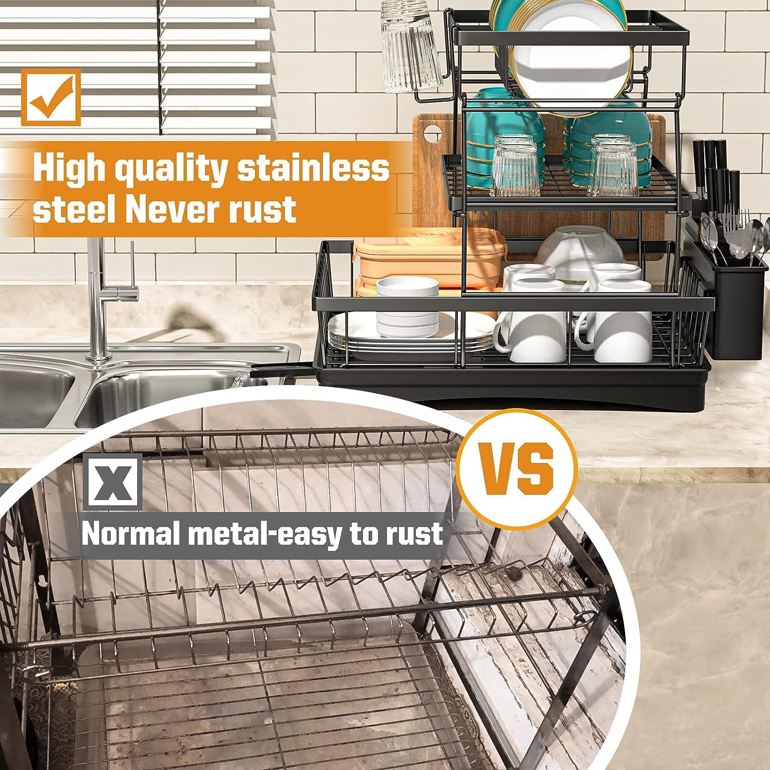 3-Tier Dratal Dish Drying Rack with Drainboard - Large Capacity Kitchen Counter Organizer with Utensil Holder | Perfect for Small Spaces, Dishwashing & Drying, Countertop Storage