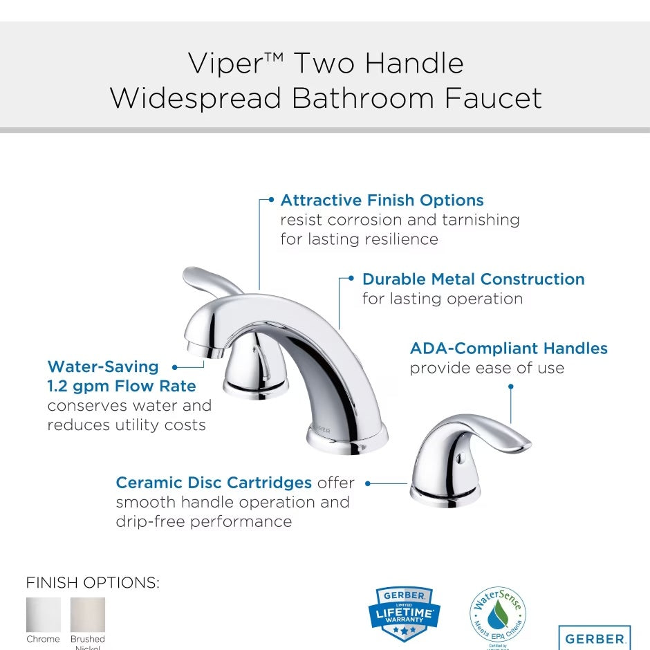 GERBER Viper™ Two Handle Widespread Bathroom Faucet with Metal Touch Down Drain in Chrome - Perfect for Modern Bathroom Vanities and Sink Upgrades