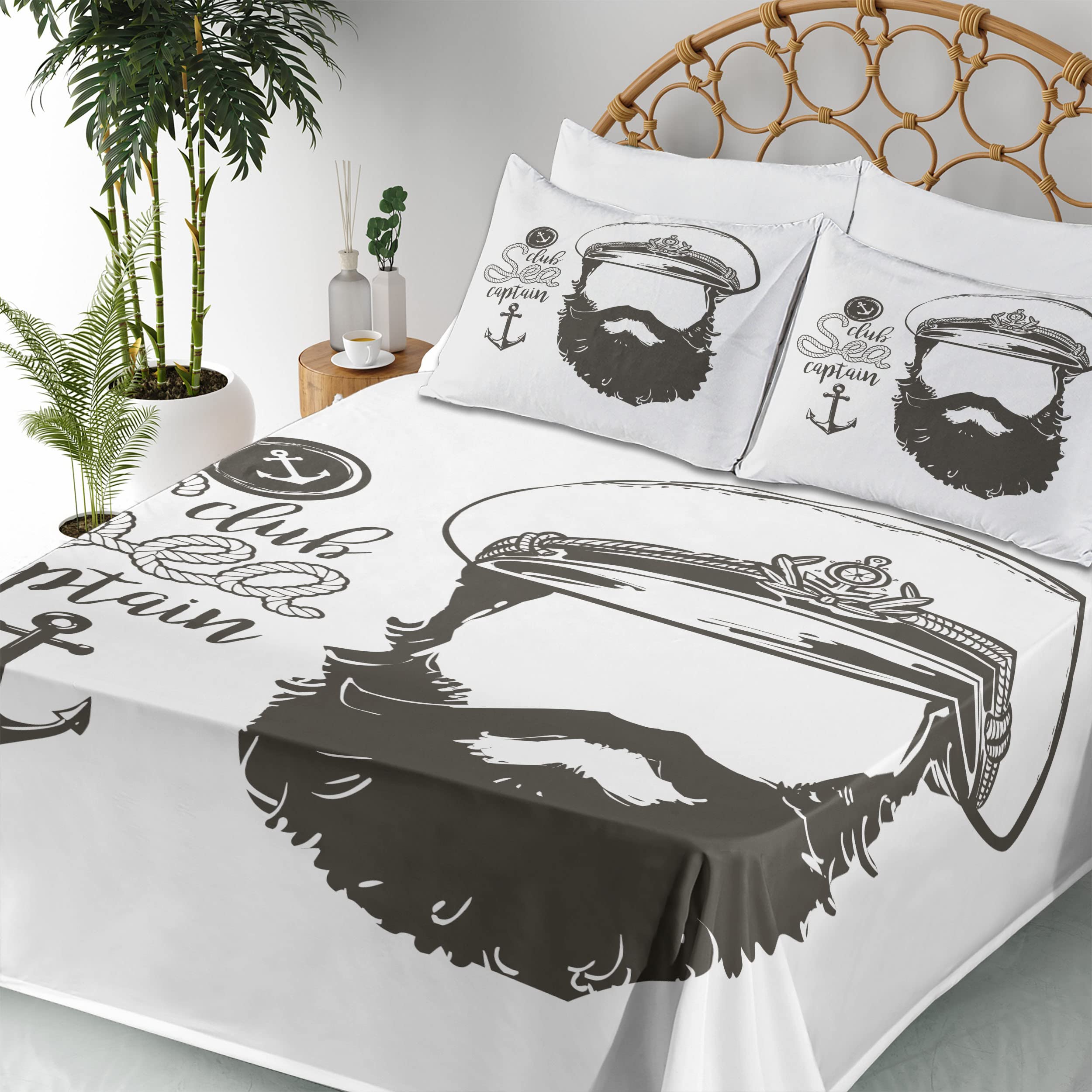 Ambesonne Anchor Sheet Set - 4 Piece King Size Bedding with Faceless Captain & Beard Seaman Illustration | Brown & White Nautical Themed Fitted Sheet, Flat Sheet & Pillowcases | Perfect for Coastal Decor, Beach House Bedrooms & Maritime Enthusiasts