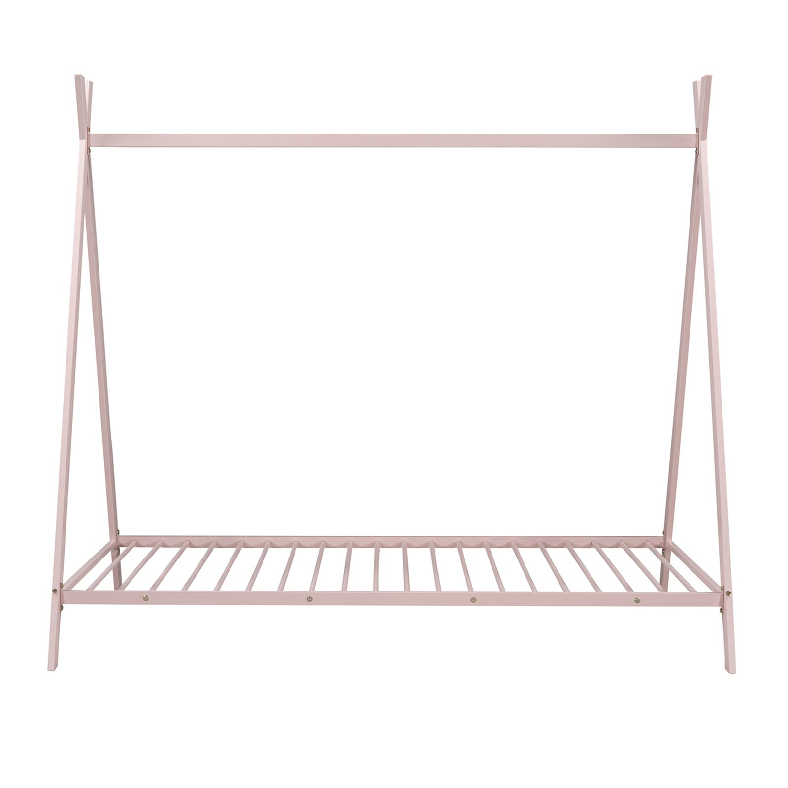 **Metal Twin Size Low Platform Bed Frame with Triangle Structure - Sturdy Slats Support, No Box Spring Needed - Pink Floor Play House Bed for Kids, Girls & Boys - Perfect for Bedrooms, Playrooms & Sleepovers**