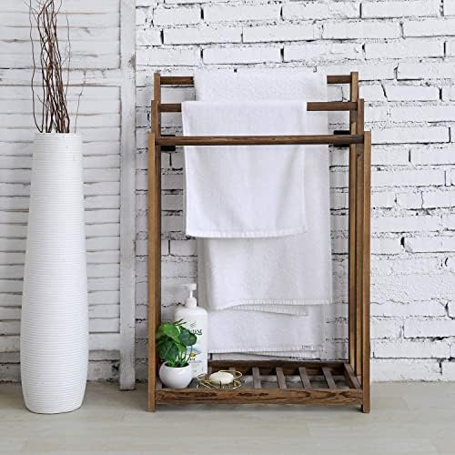Wooden Freestanding Multi-Tier Towel Rack Stand with Shelf - Bathroom, Bedroom, Kitchen & Gym Towel Holder - Perfect for Organizing Hand Towels, Blankets & Robes in Home & Spa