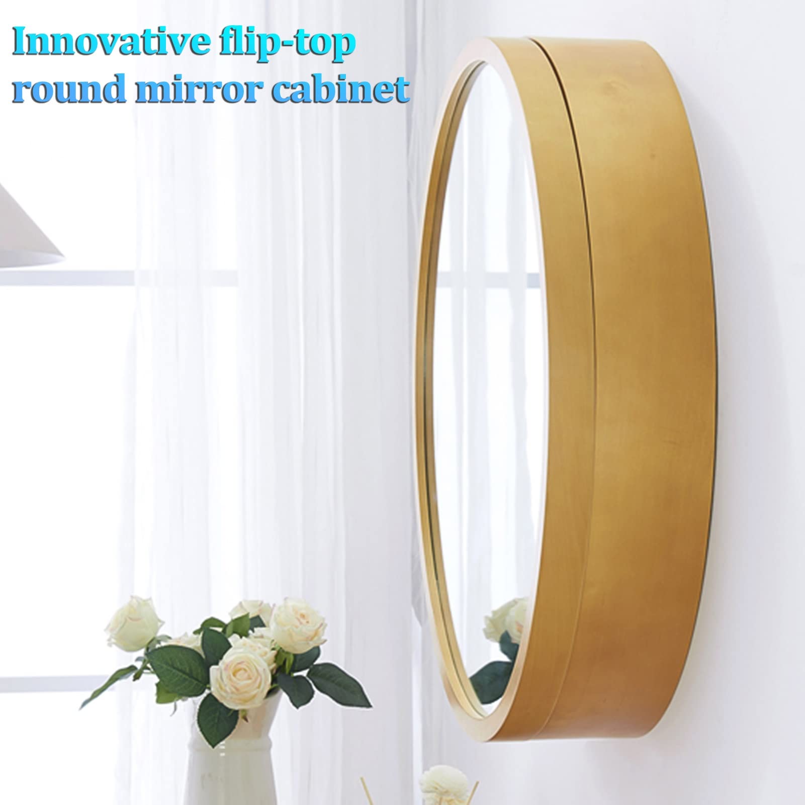 Round Wall Mounted Bathroom Medicine Cabinet with Mirror Door & Hidden Shelves - Beige, 50cm - Perfect for Small Bathrooms, Vanity Storage & Modern Home Decor