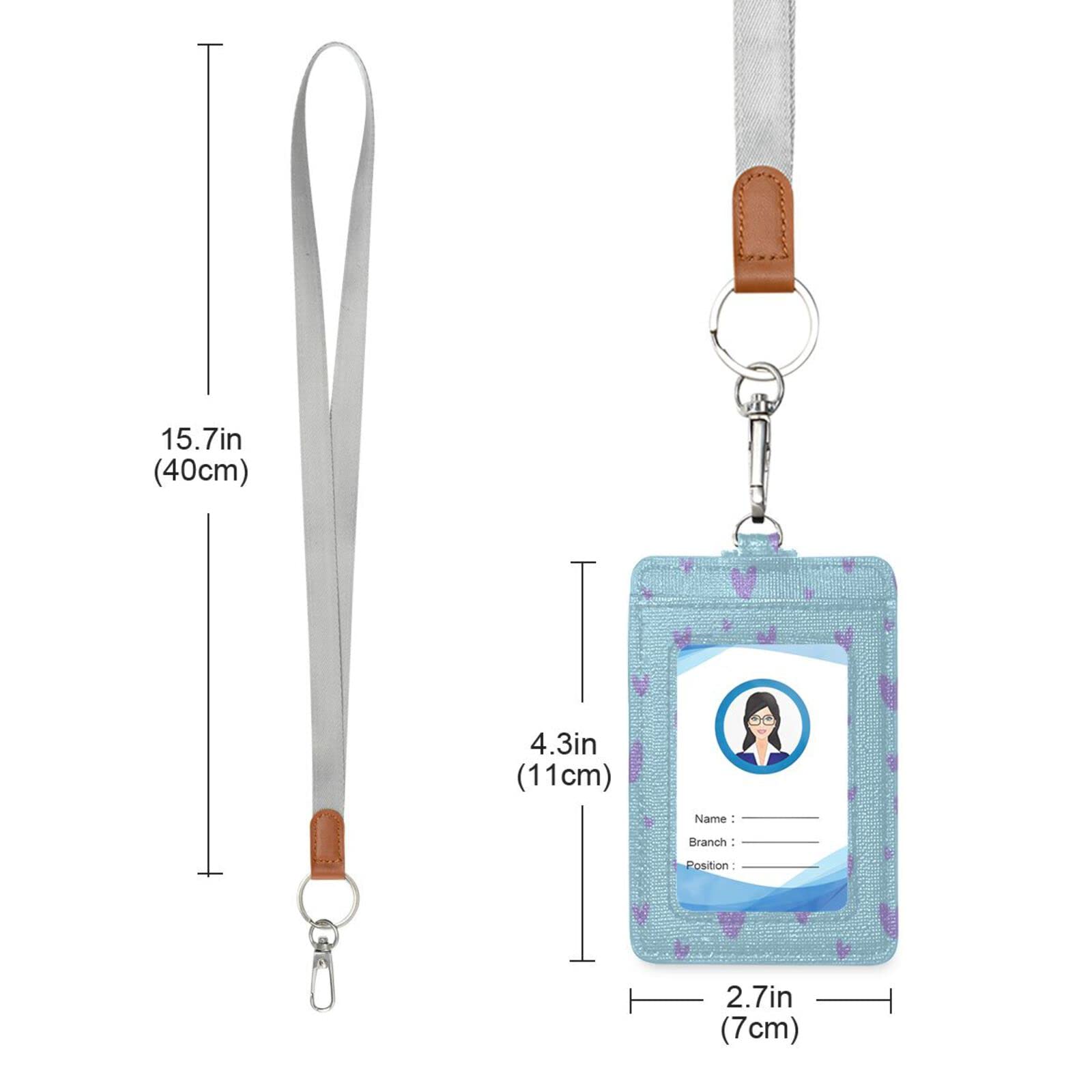 Vertical Leather ID Badge Holder with Lanyard - Purple Hearts Blue - Office & School Use