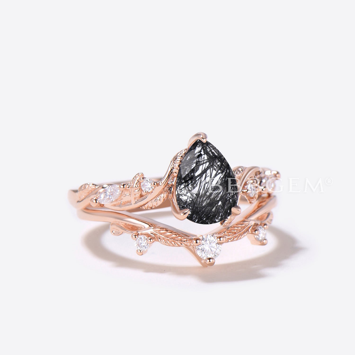 Elegant Teardrop Black Rutilated Quartz Engagement Ring - Leaf Branch Design Wedding Band for Women | Perfect for Proposals, Anniversaries & Romantic Occasions