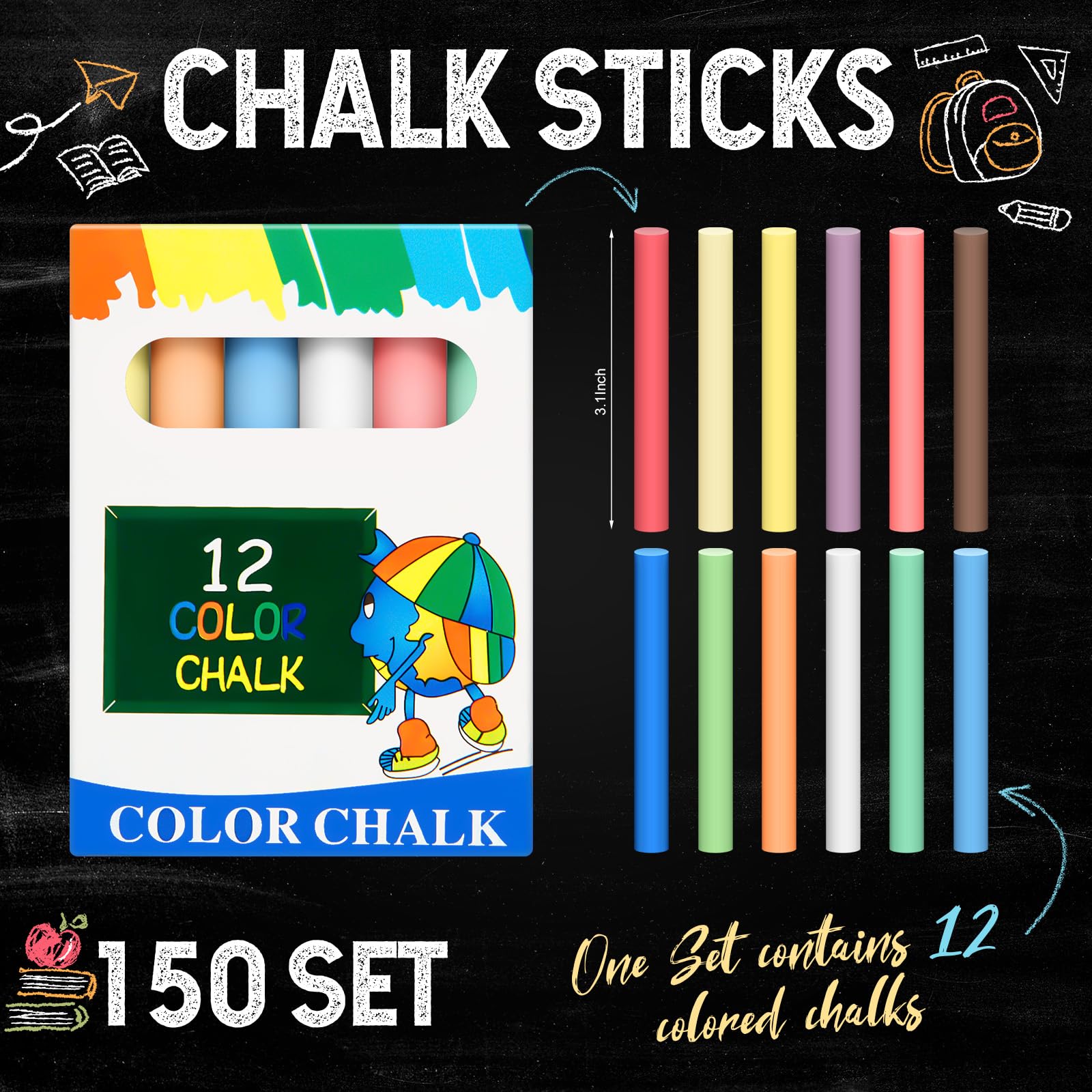 **Yeaqee 1800-Piece Low-Dust Colored Chalk Set - Non-Toxic Chalk Sticks for Chalkboard & Blackboard - Bulk Classroom Supplies for Teachers, Kids, School, Prizes, Gifts & Goody Bag Fillers - Perfect for Art, Education & Creative Play**