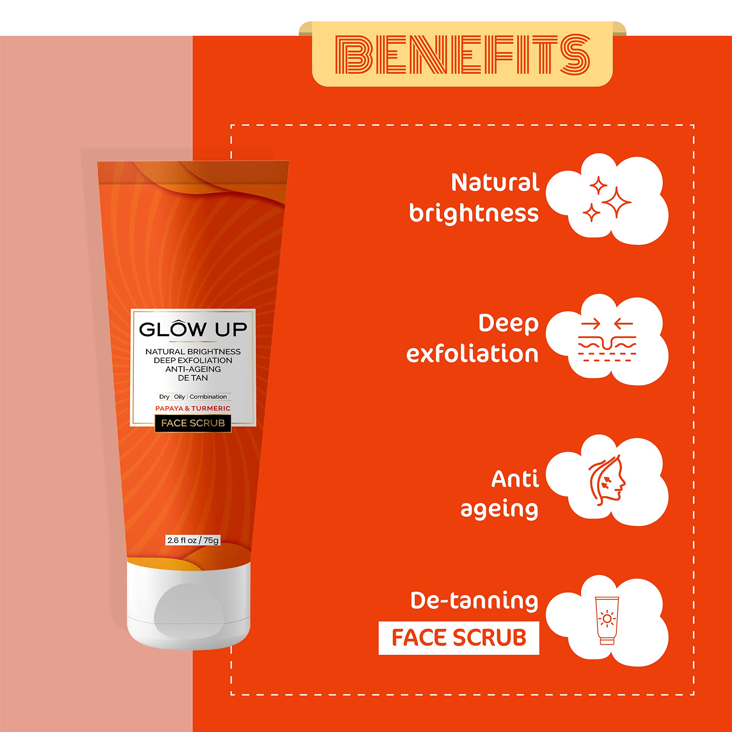 Glow Up Papaya & Turmeric Face Scrub - Natural Beauty, Detan & Anti-Aging Treatment for Dry, Oily & Combination Skin - 75g | Exfoliating Facial Cleanser for Brighter, Youthful Skin at Home or Travel