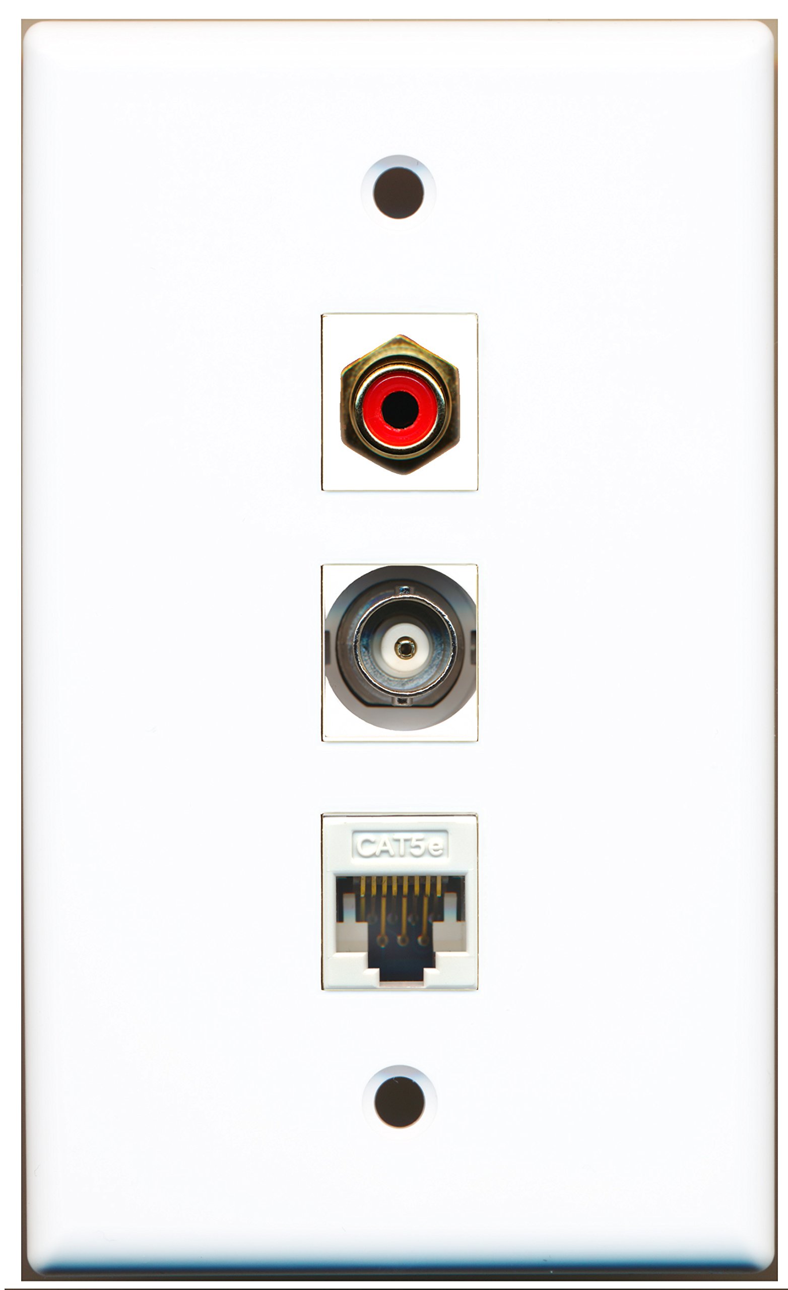 RiteAV - 1 Port RCA Red, 1 Port BNC, 1 Port Cat5e Ethernet White Wall Plate for Home Theater & Network Setup