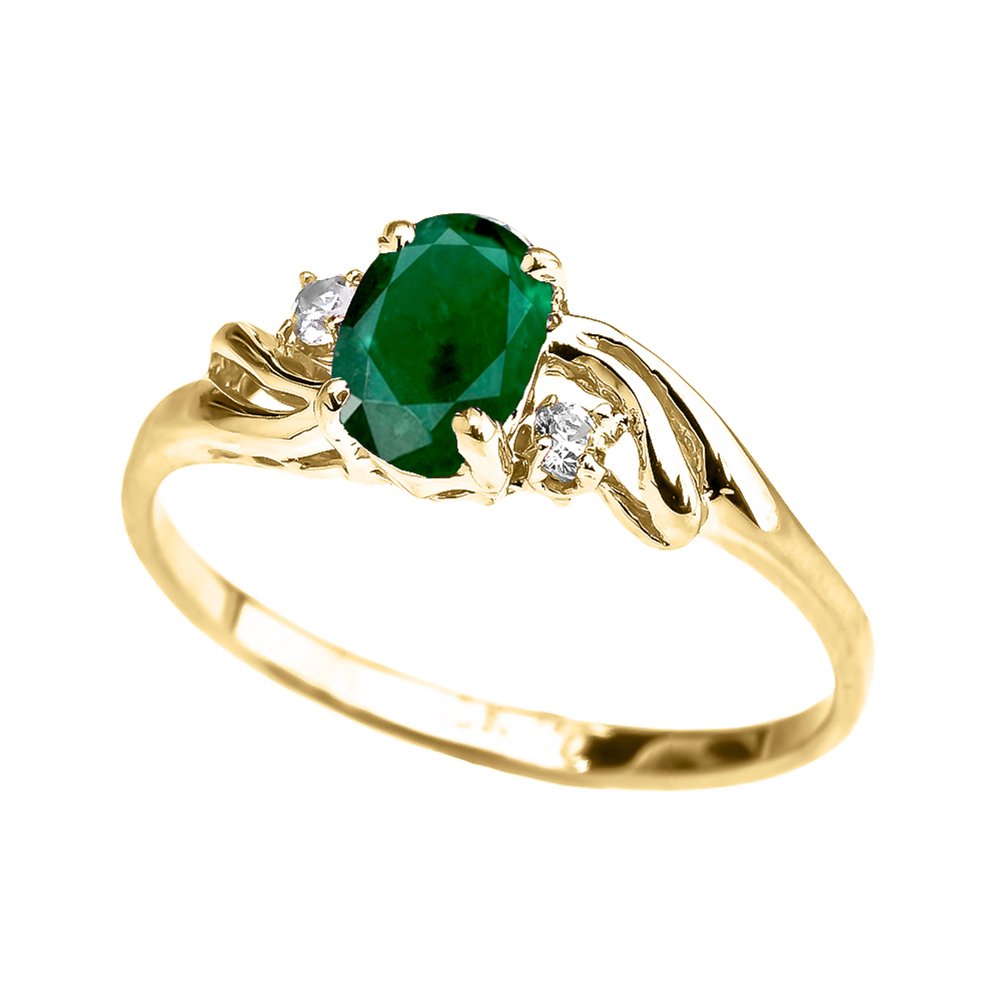 14K Yellow Gold Oval Emerald & White Topaz 3-Stone Engagement Ring for May Birthstone - Perfect for Proposals, Anniversaries & Special Occasions