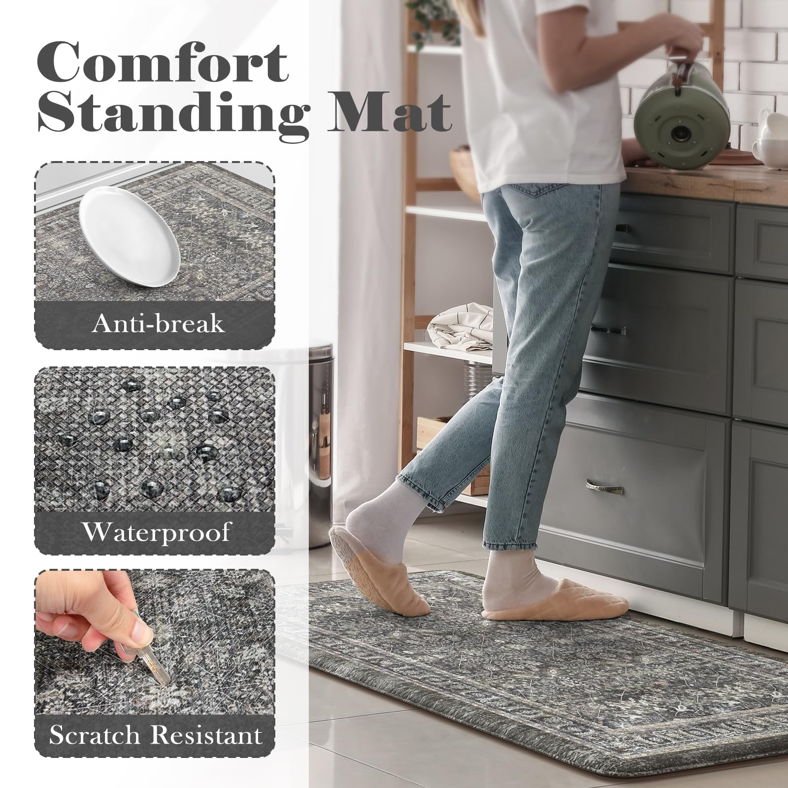 2-Piece Anti-Fatigue Kitchen Floor Mats - Cushioned, Waterproof Memory Foam Rugs for Sink, Laundry & Bathroom - Boho Grey Home Decor - Perfect for Cooking, Dishwashing & Standing Comfort
