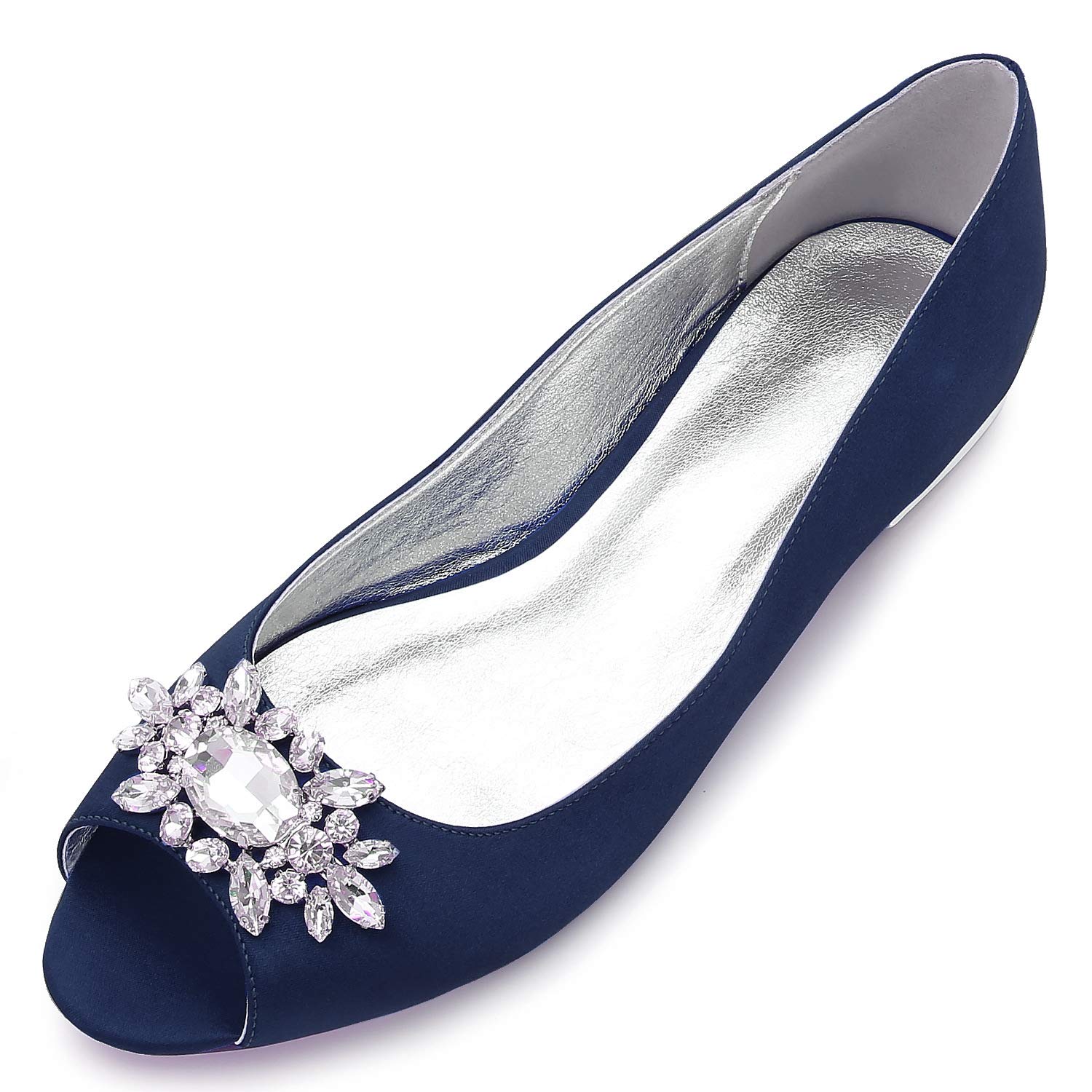 Women's Rhinestone Embellished Satin Wedding Flats - Peep Toe Slip On Formal Party Shoes for Bride, Bridesmaid & Special Occasions - Perfect for Weddings, Proms, Evening Events & Cocktail Parties (Style 5049-30)