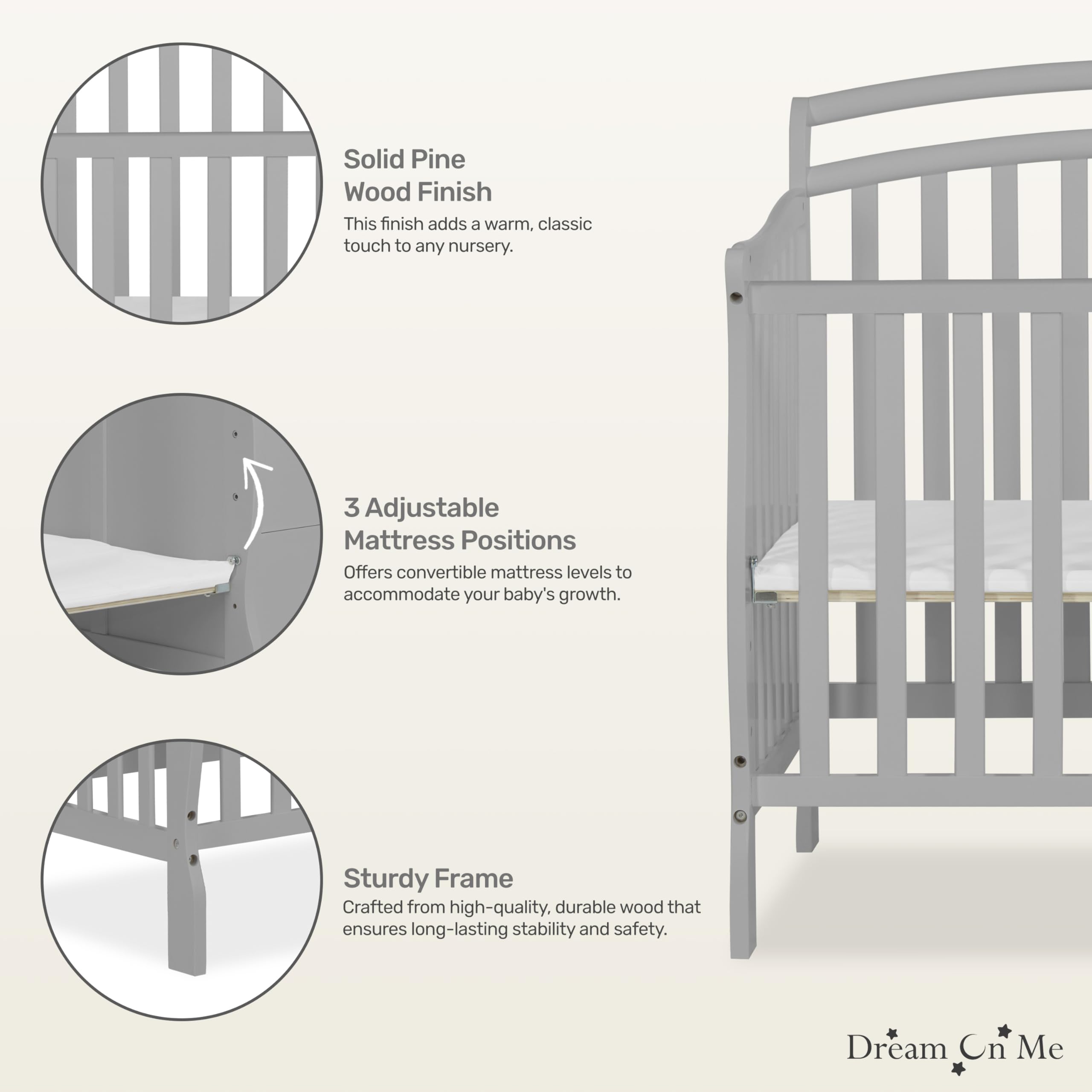 Dream On Me Casco 3-in-1 Convertible Mini Crib & Changing Table - Pebble Grey Pinewood Baby Crib with 3 Adjustable Mattress Heights | Nursery, Small Space & Travel Use