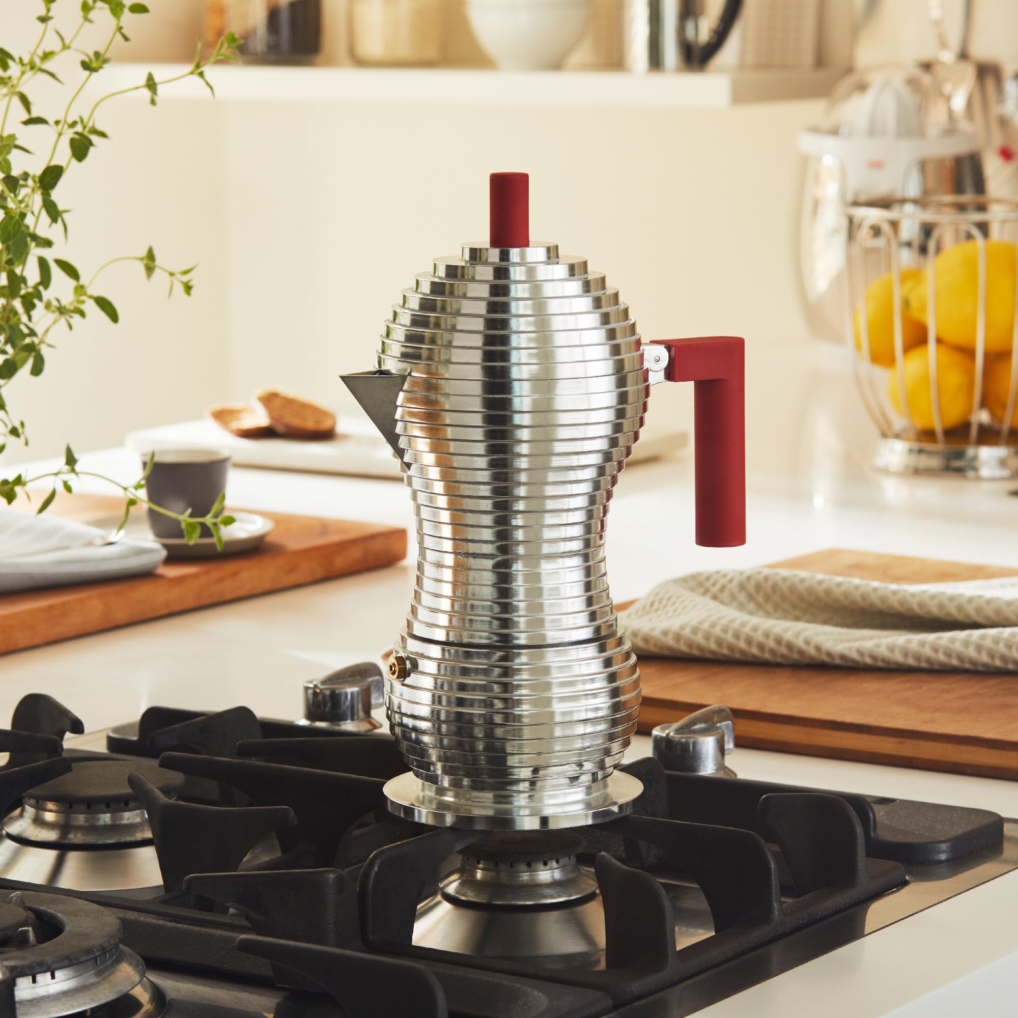 Alessi MDL02/6 R Pulcina Stove Top Espresso Maker - 6 Cup Aluminum Moka Pot with Cast Handle & Knob - Perfect for Home, Office & Camping Coffee Brewing