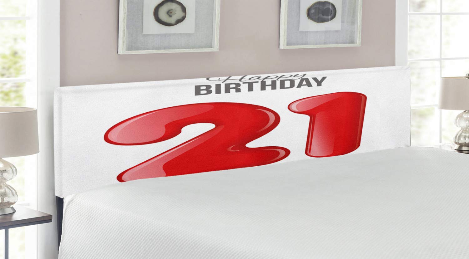 Ambesonne 21st Birthday Headboard - Handwritten Happy Birthday Design for Teen Party Decor | Upholstered Metal Bed Headboard with Memory Foam | King Size Charcoal Grey & White | Perfect for Birthday Room Decorations & Teen Bedroom Makeovers